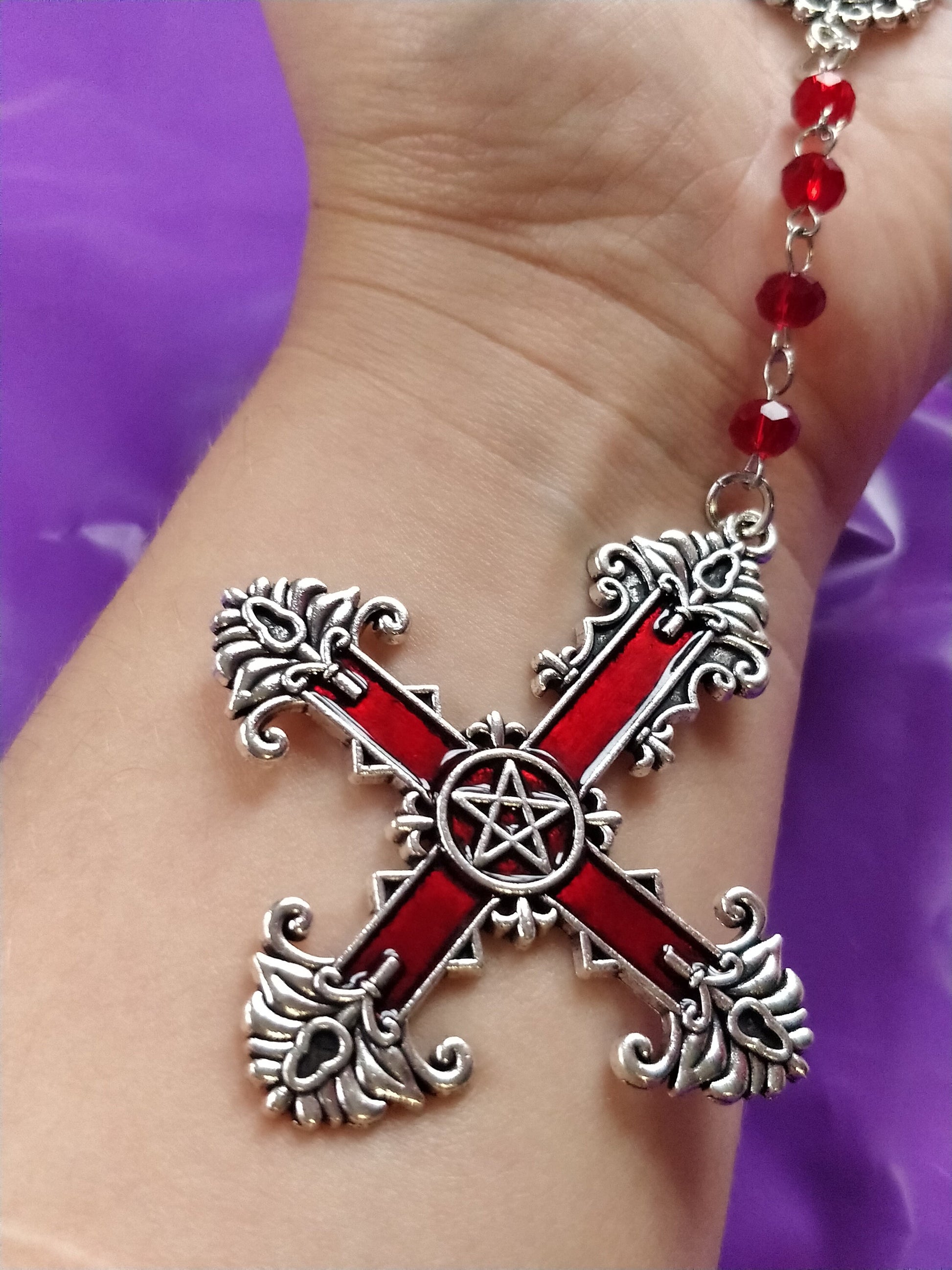 Gothic Rosary - Red Crucifix Pentagram
