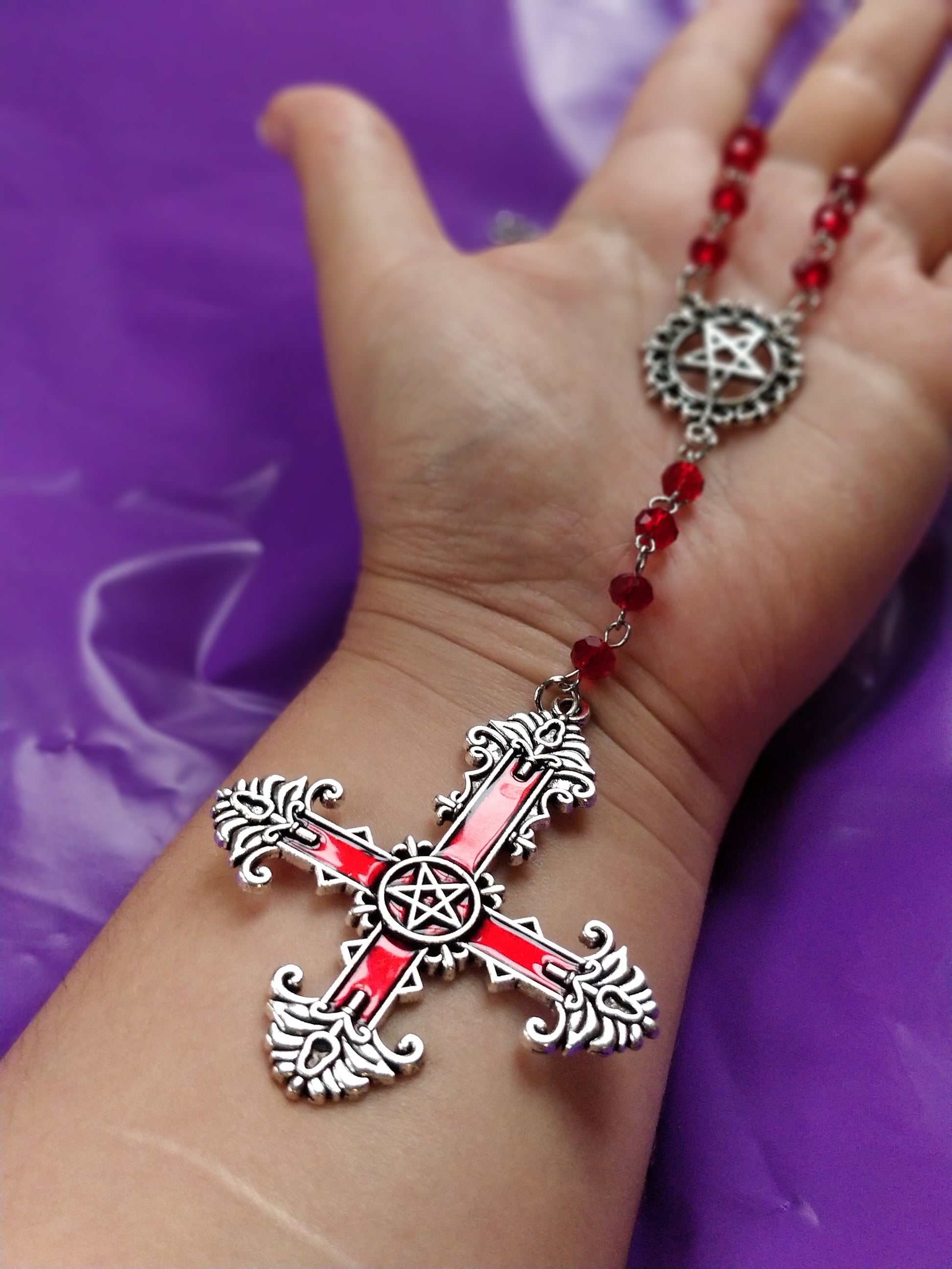 Gothic Rosary - Red Crucifix Pentagram