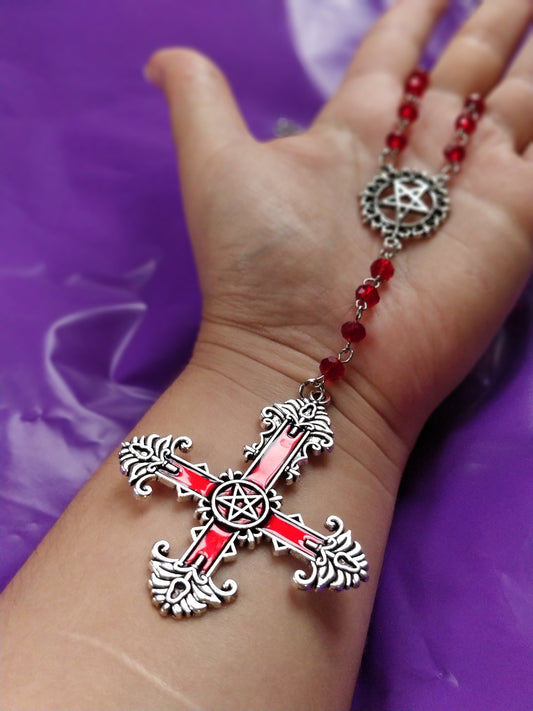 Gothic Rosary - Red Crucifix Pentagram