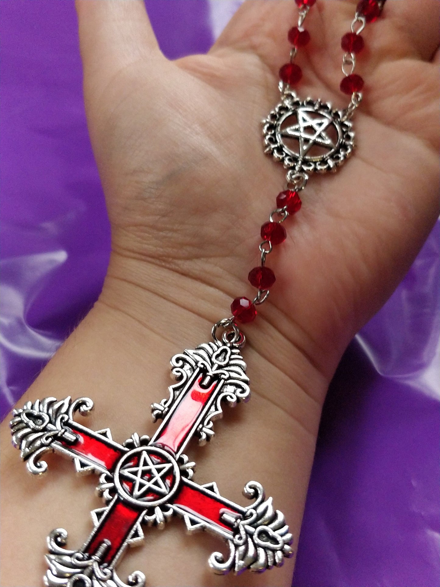 Gothic Rosary - Red Crucifix Pentagram
