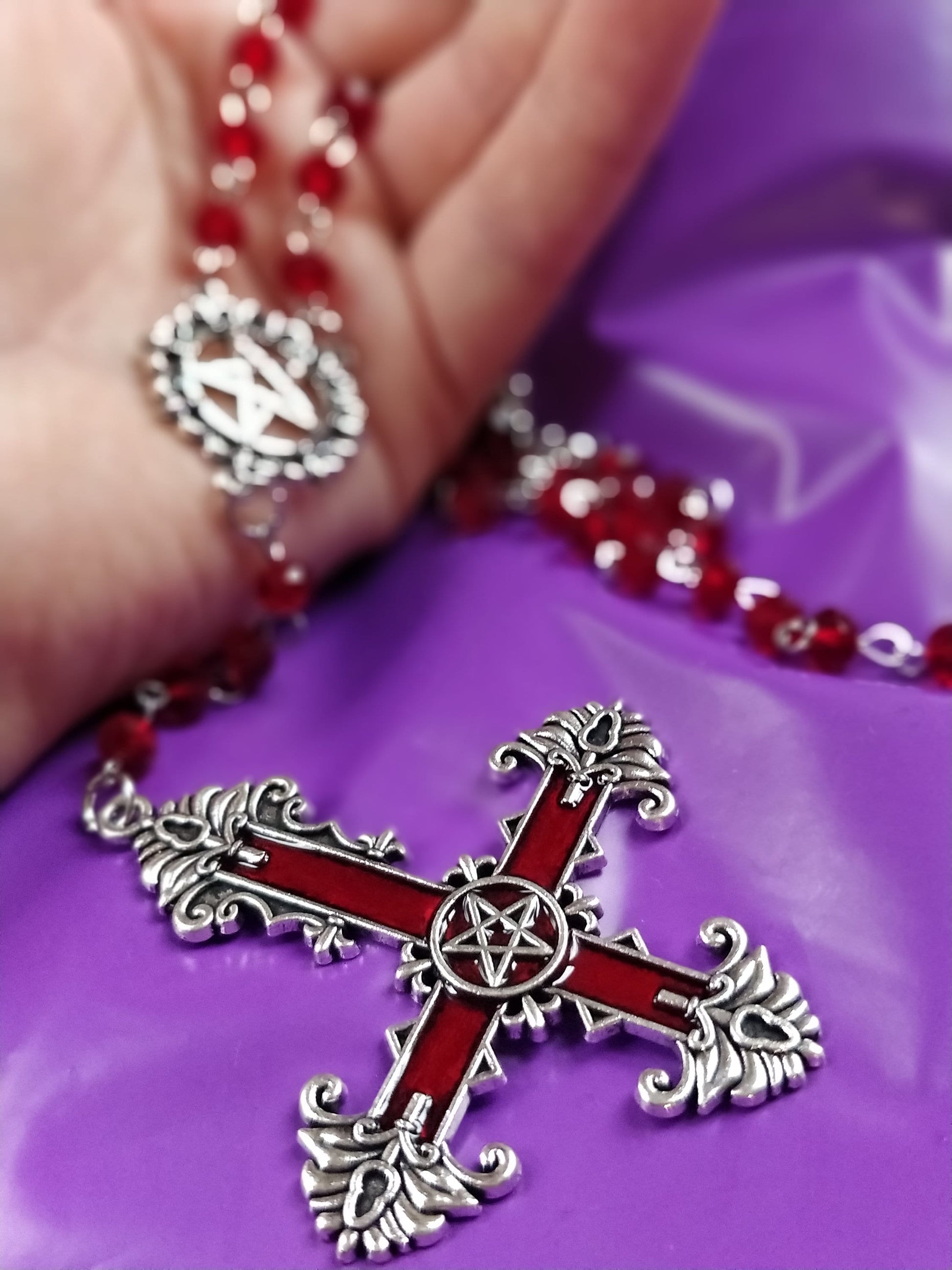Gothic Rosary - Red Crucifix Pentagram