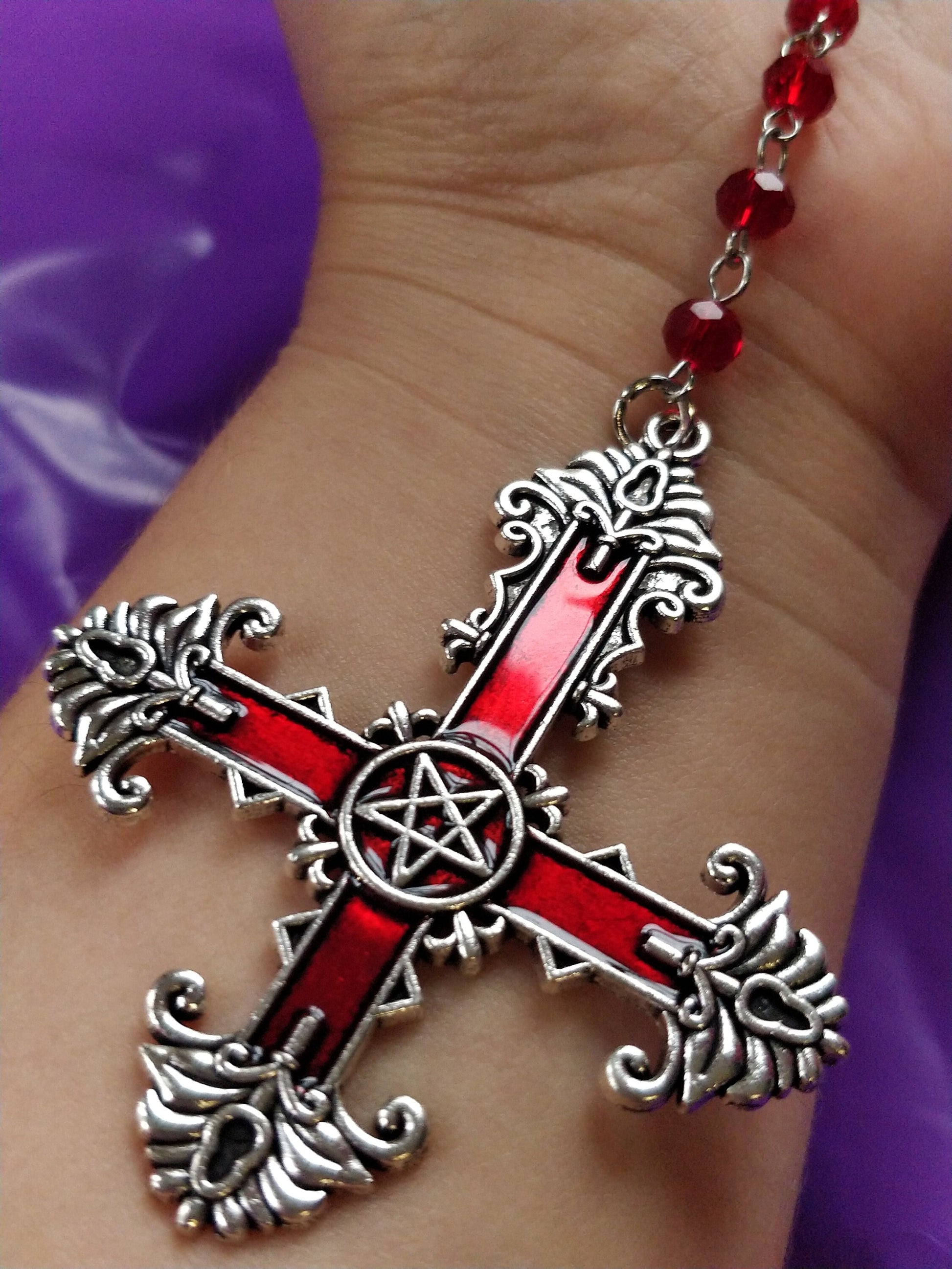 Gothic Rosary - Red Crucifix Pentagram
