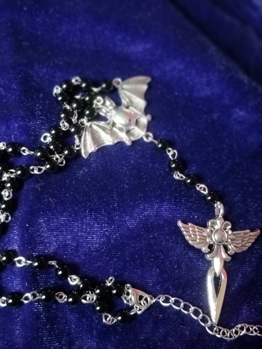 Gothic Rosary - with Bat and Winged Crucifix