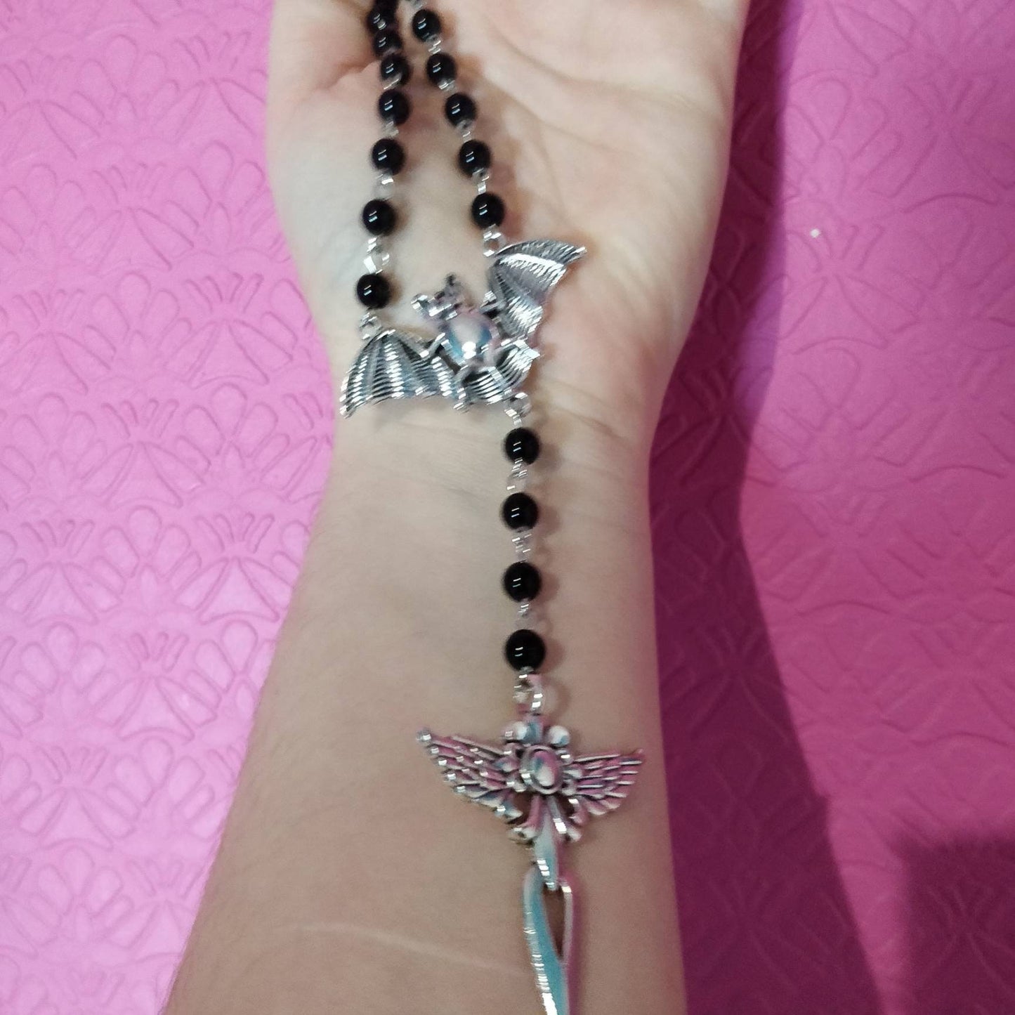 Gothic Rosary - with Bat and Winged Crucifix