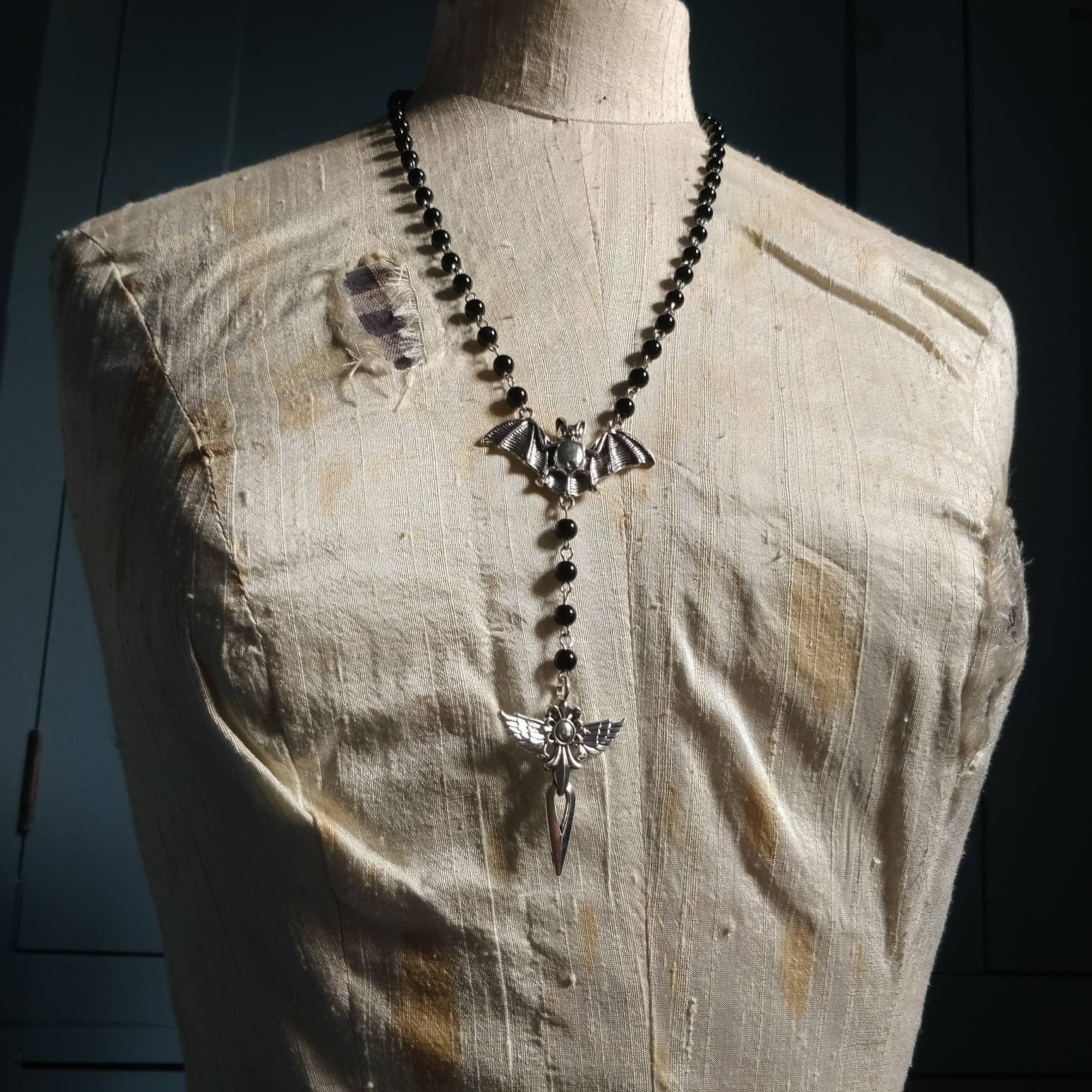 Gothic Rosary - with Bat and Winged Crucifix