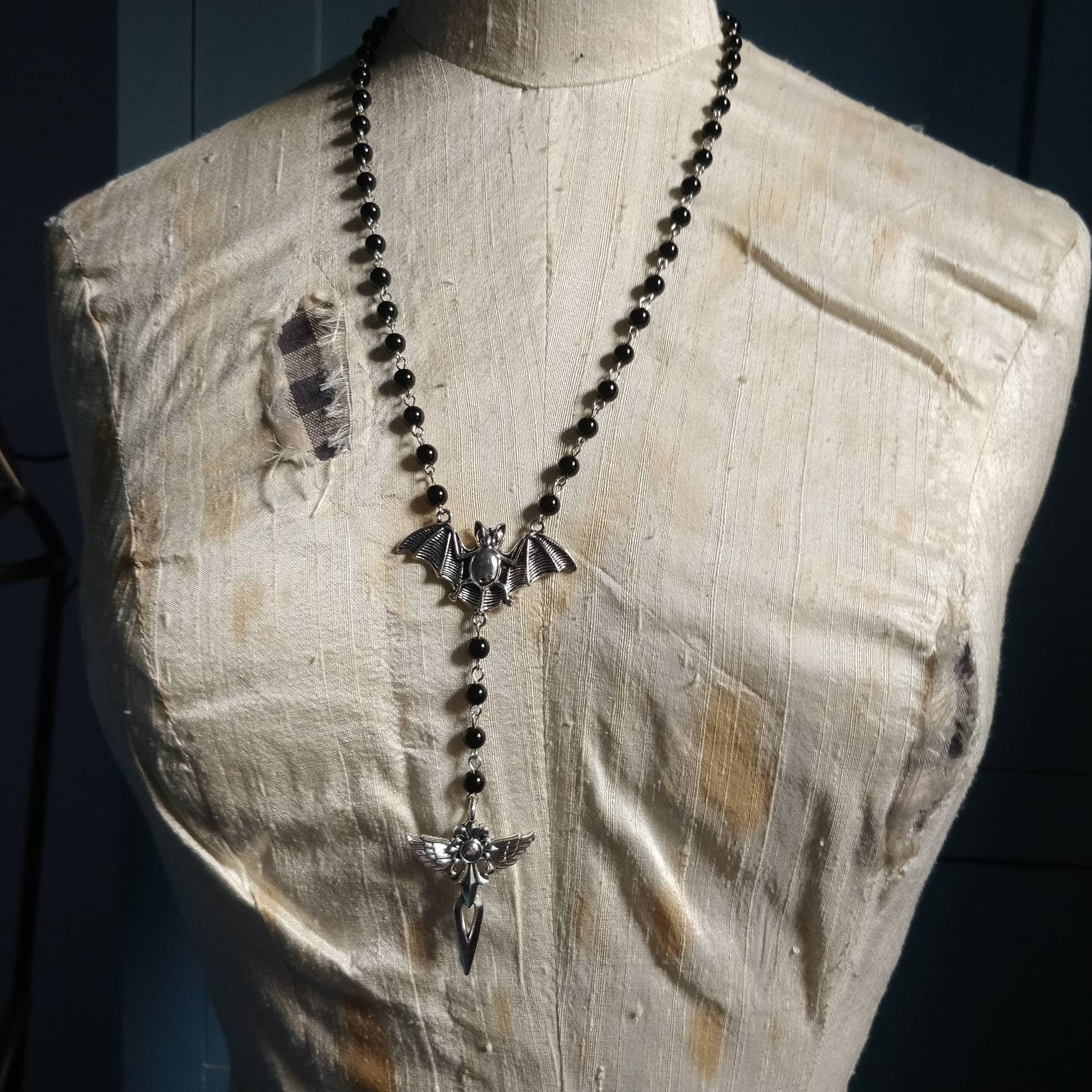 Gothic Rosary - with Bat and Winged Crucifix