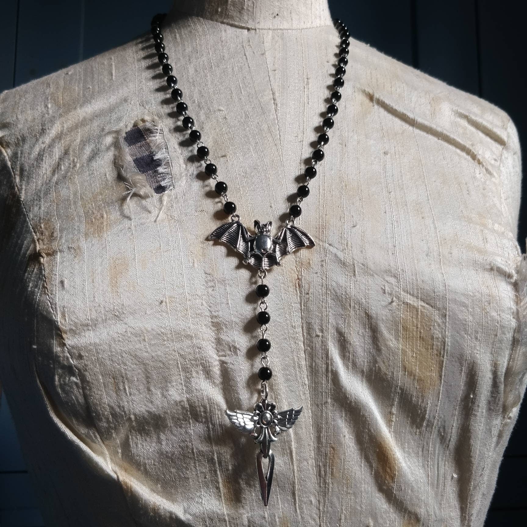Gothic Rosary - with Bat and Winged Crucifix