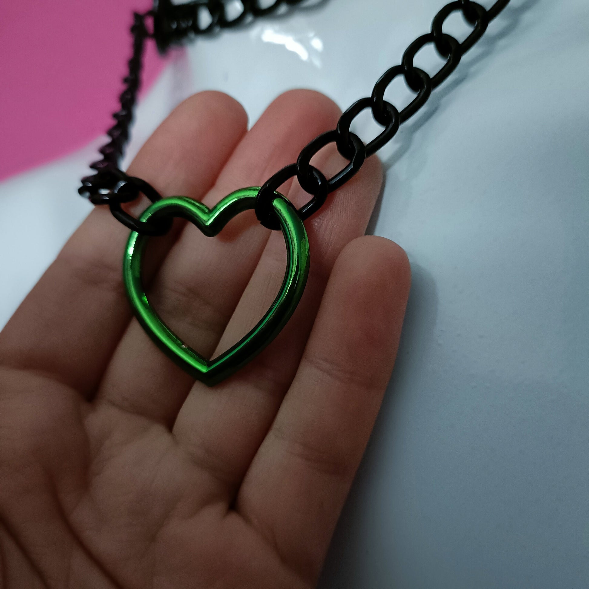 Heart Chain Choker - Choke Chain Version!! Green Heart, Black Faux Leather