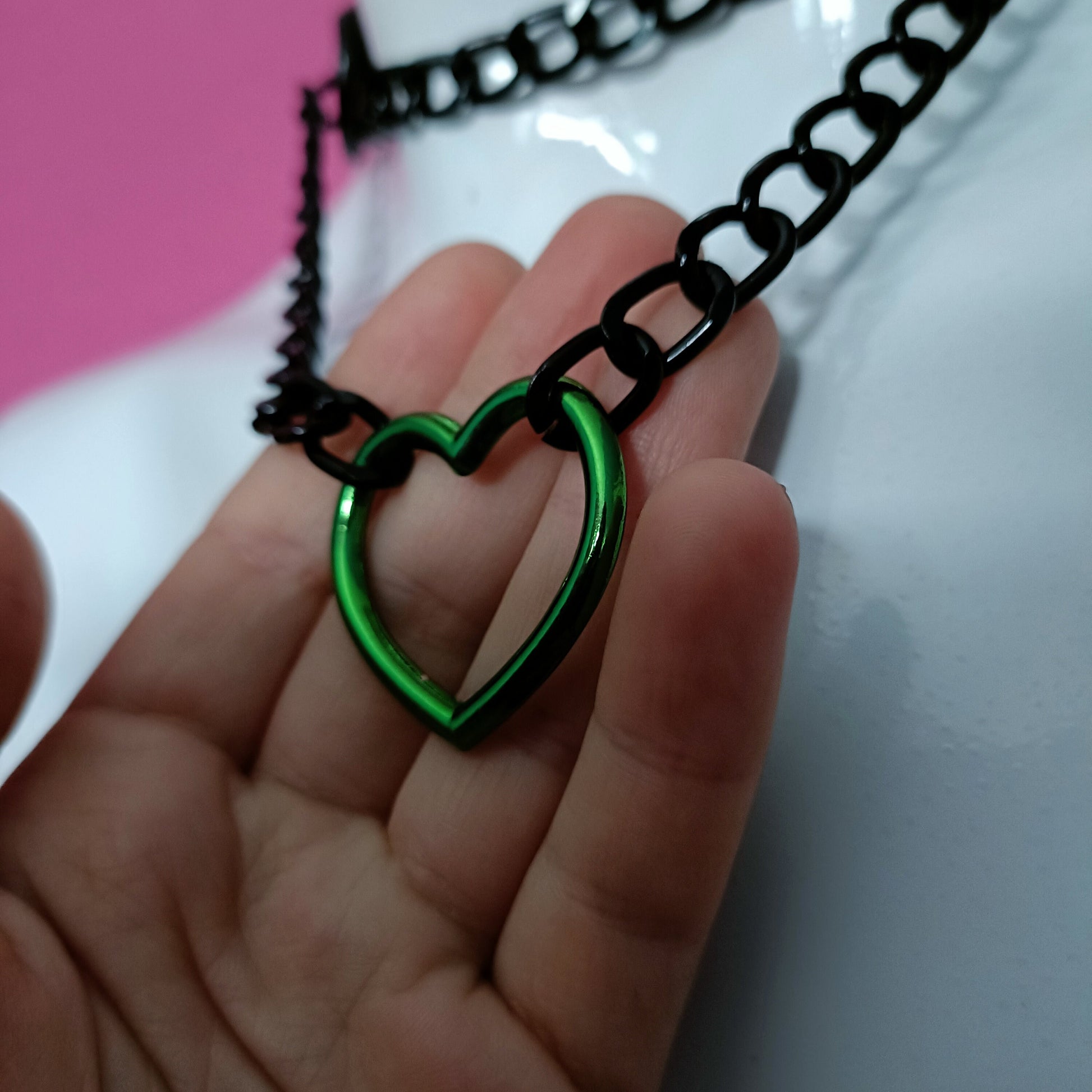 Heart Chain Choker - Choke Chain Version!! Green Heart, Black Faux Leather