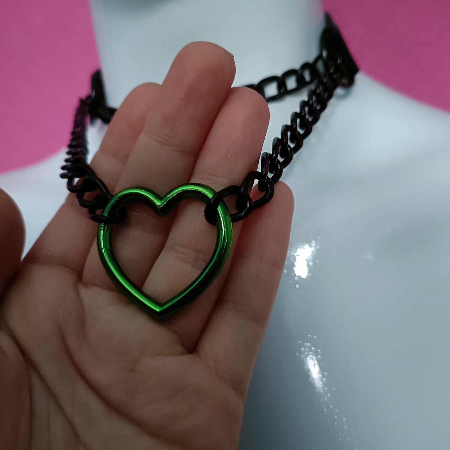 Heart Chain Choker - Choke Chain Version!! Green Heart, Black Faux Leather