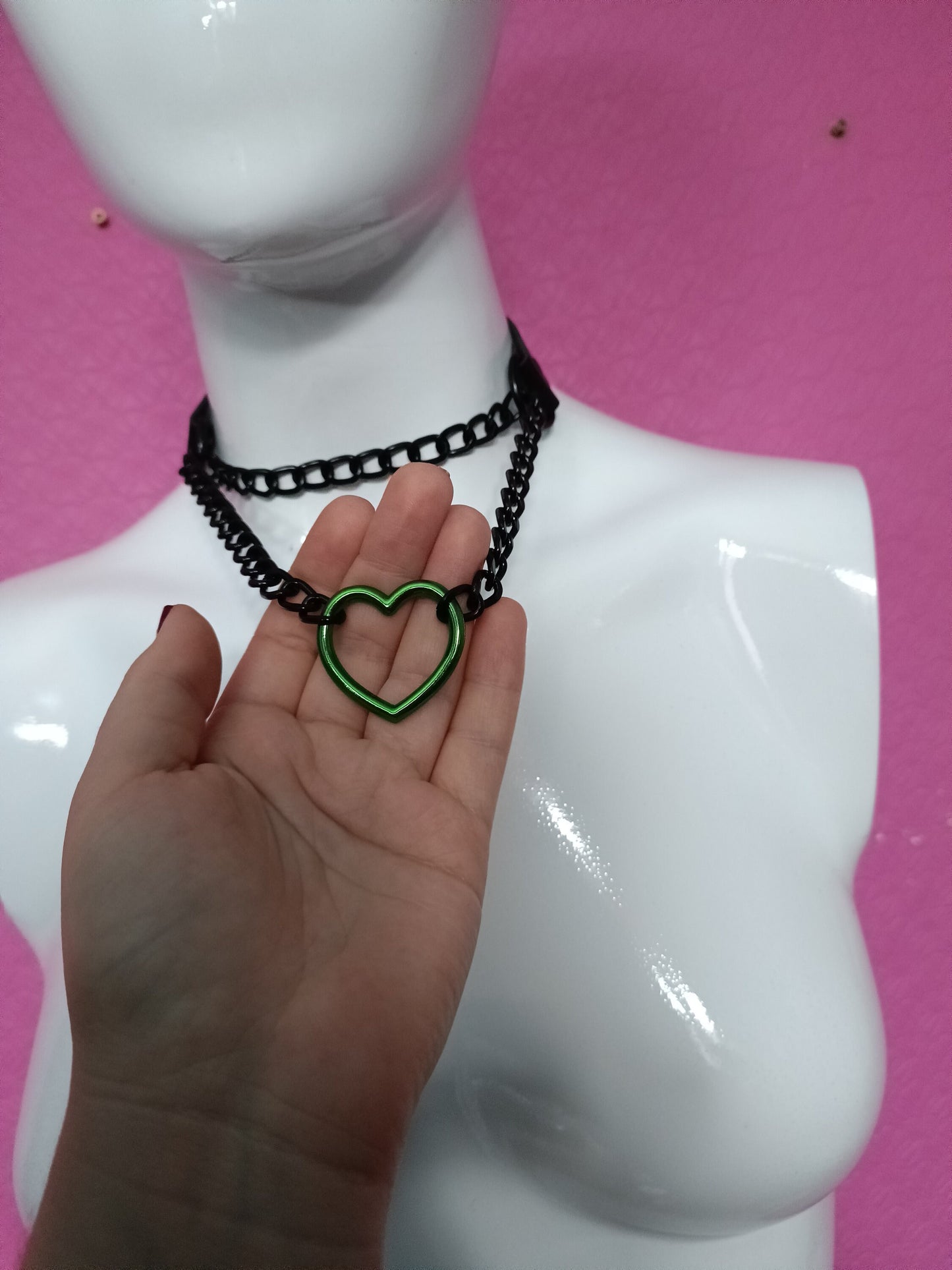 Heart Chain Choker - Choke Chain Version!! Green Heart, Black Faux Leather