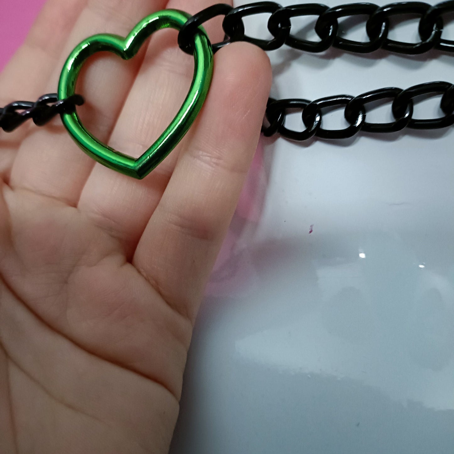 Heart Chain Choker - Choke Chain Version!! Green Heart, Black Faux Leather