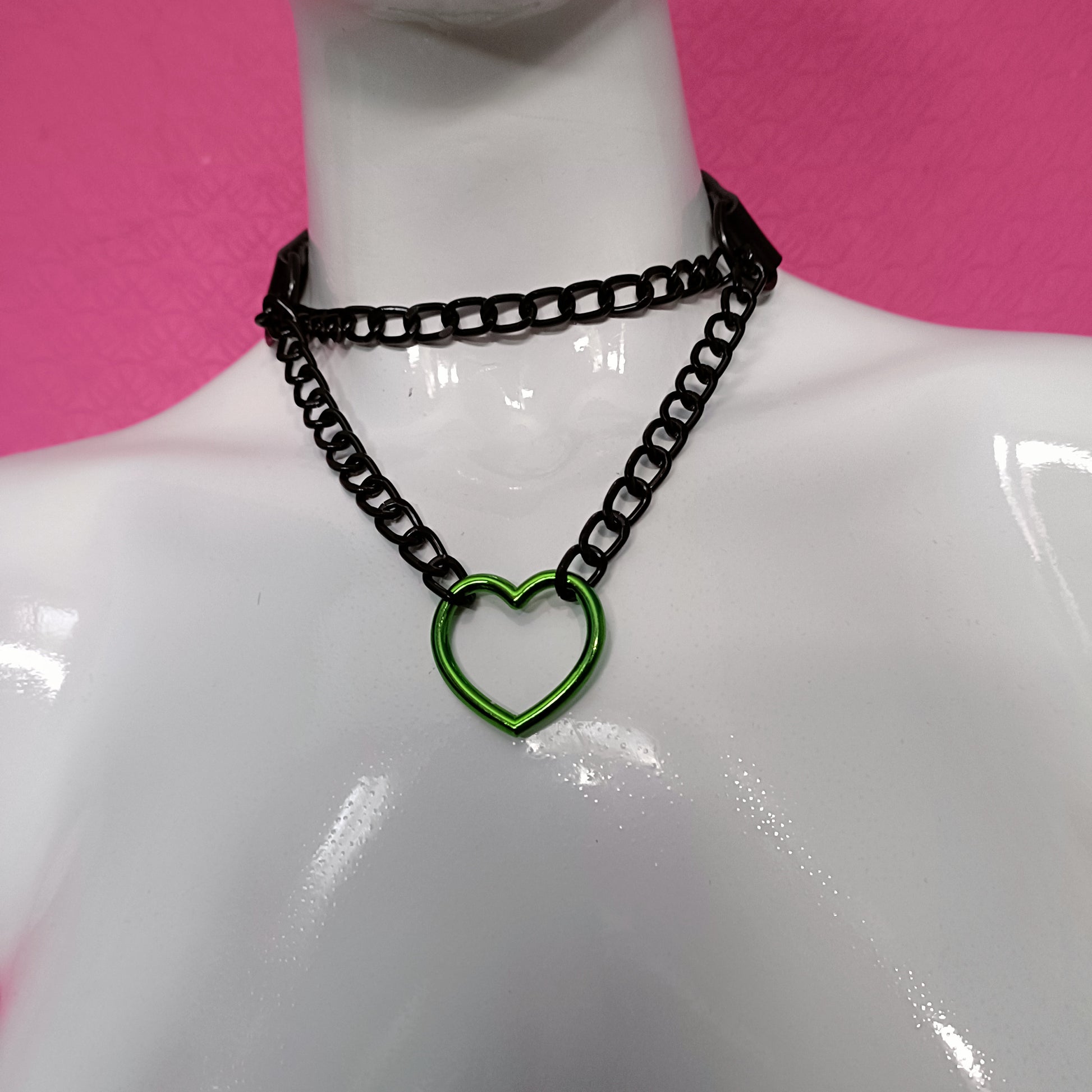 Heart Chain Choker- Choke Chain Version!! Green Heart, Black Faux Leather