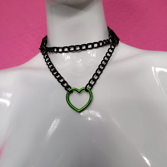 Heart Chain Choker- Choke Chain Version!! Green Heart, Black Faux Leather