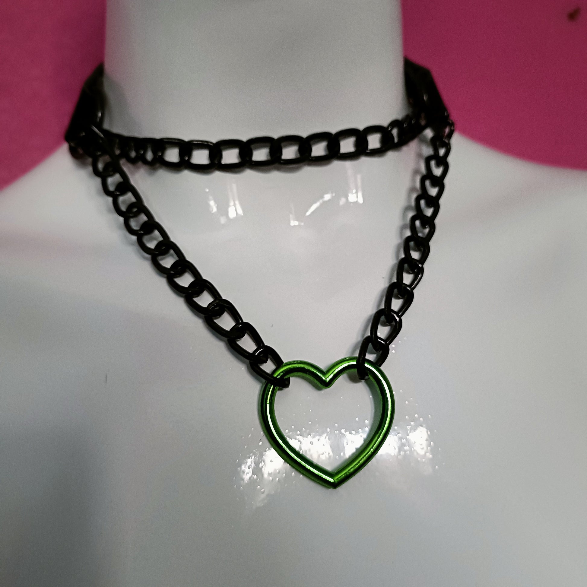 Heart Chain Choker - Choke Chain Version!! Green Heart, Black Faux Leather