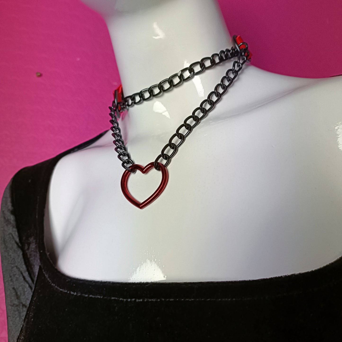 Heart Chain Choker - Choke Chain Version! Martingale Collar - Red Pearlescent Heart