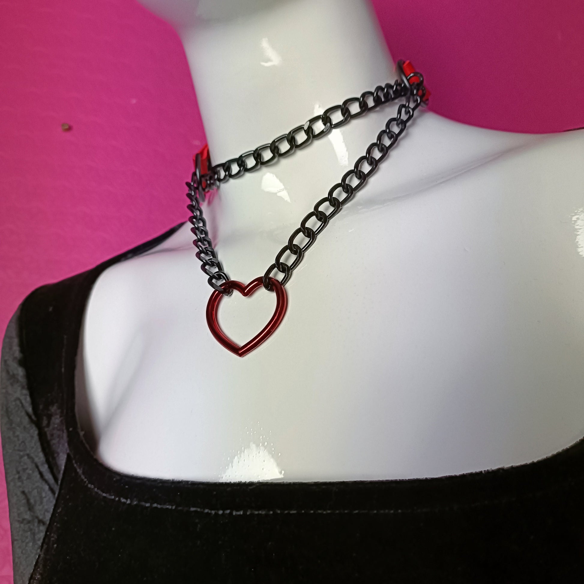 Heart Chain Choker - Choke Chain Version! Martingale Collar - Red Pearlescent Heart