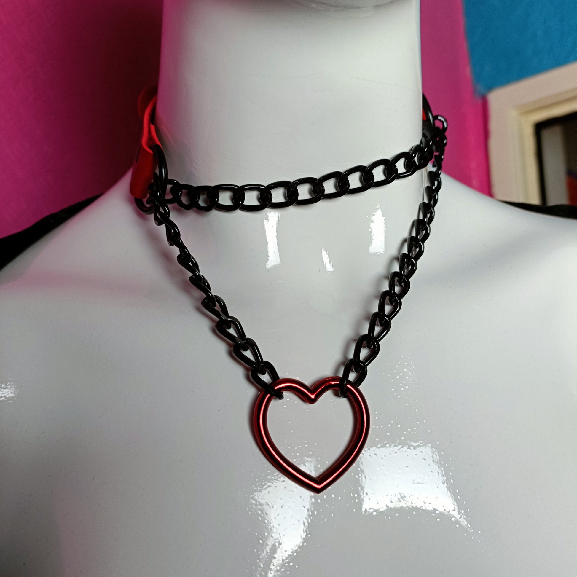 Heart Chain Choker- Choke Chain Version! Martingale Collar - Red Pearlescent Heart