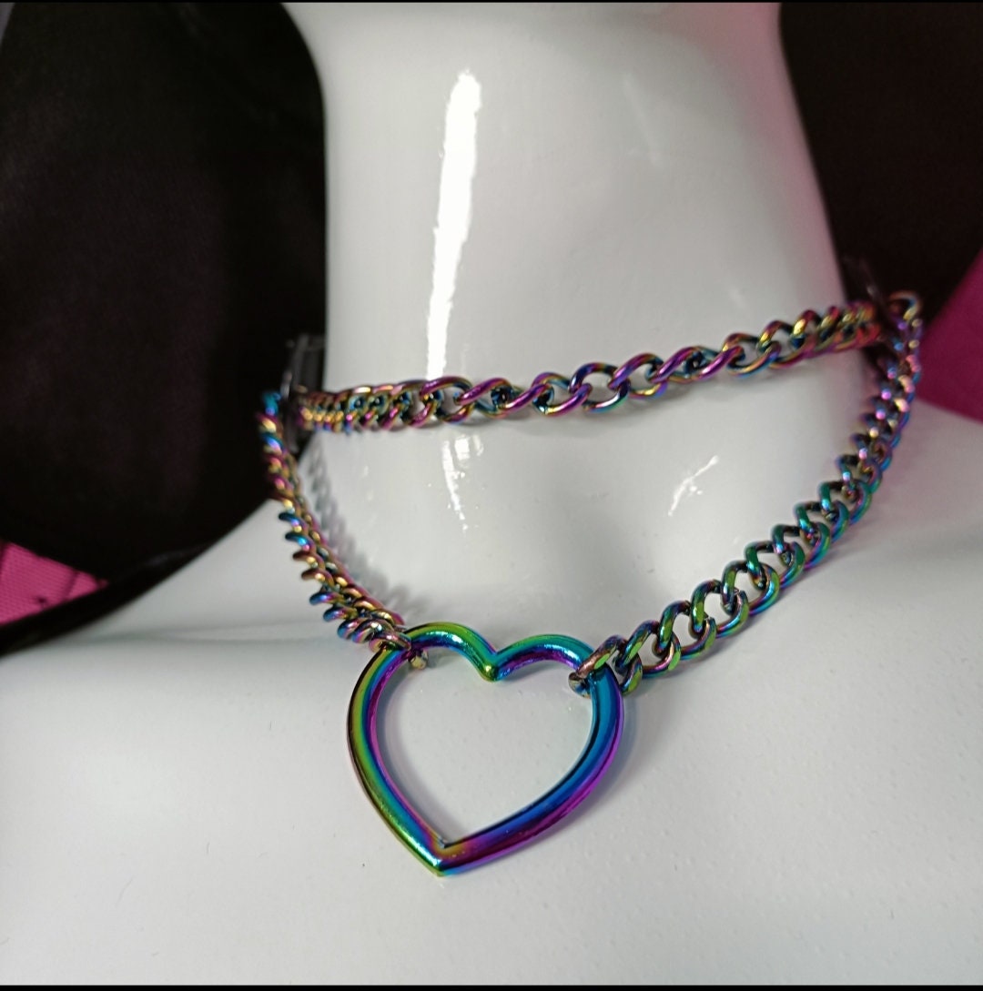 Heart Chain Choker - Choke Chain Version! Martingale Collar - iridescent