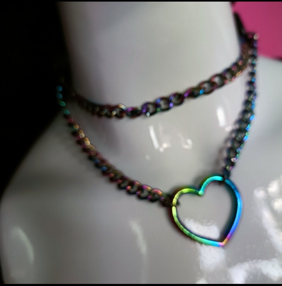 Heart Chain Choker - Choke Chain Version! Martingale Collar - iridescent