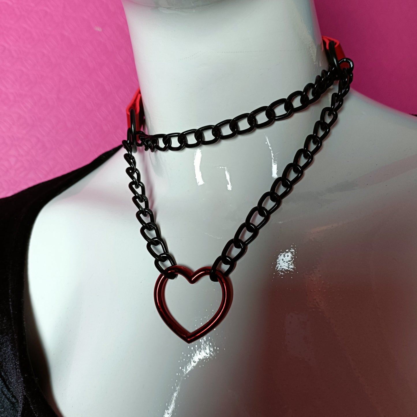 Heart Chain Choker - Choke Chain Version! Martingale Collar - Red Pearlescent Heart