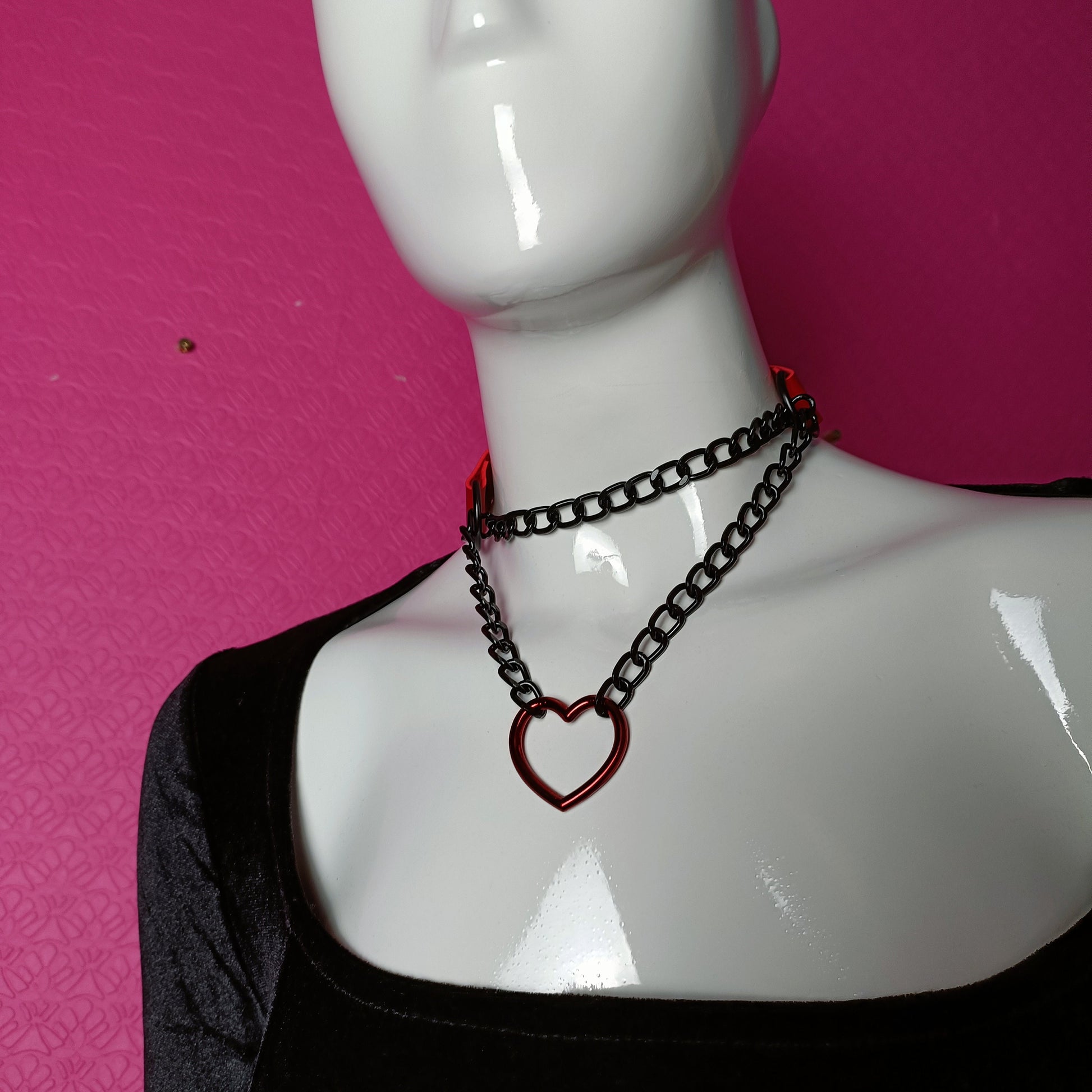 Heart Chain Choker - Choke Chain Version! Martingale Collar - Red Pearlescent Heart