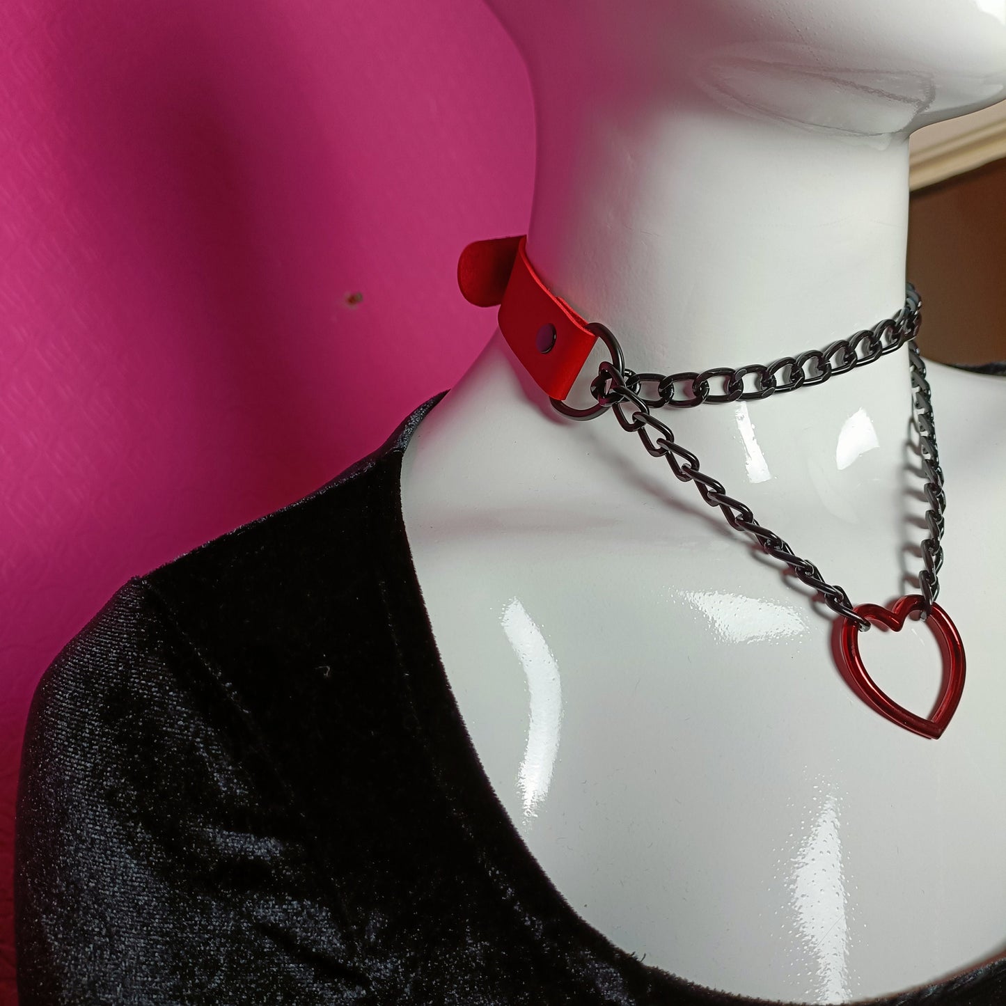Heart Chain Choker - Choke Chain Version! Martingale Collar - Red Pearlescent Heart