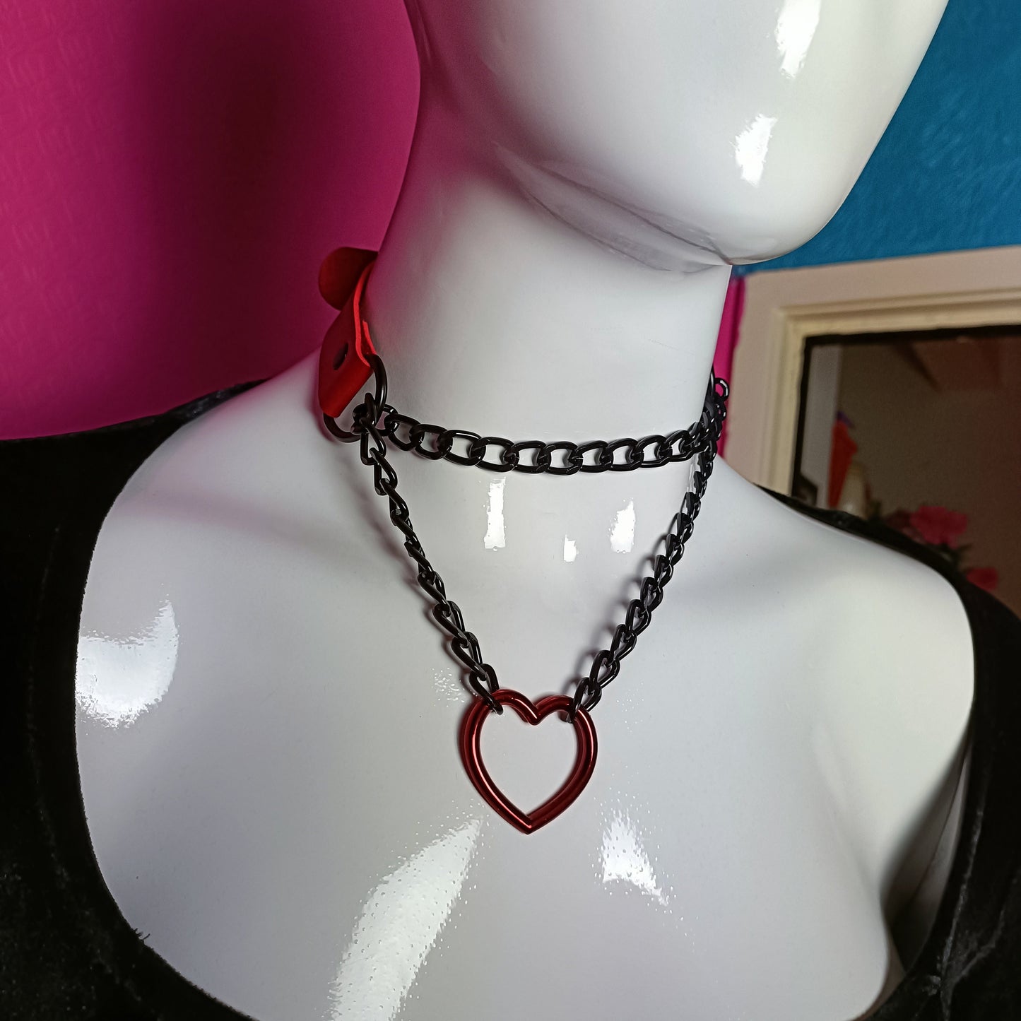 Heart Chain Choker - Choke Chain Version! Martingale Collar - Red Pearlescent Heart