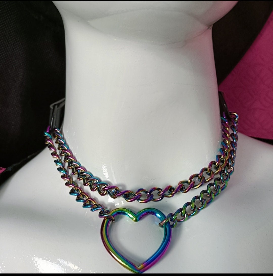 Heart Chain Choker - Choke Chain Version! Martingale Collar - iridescent