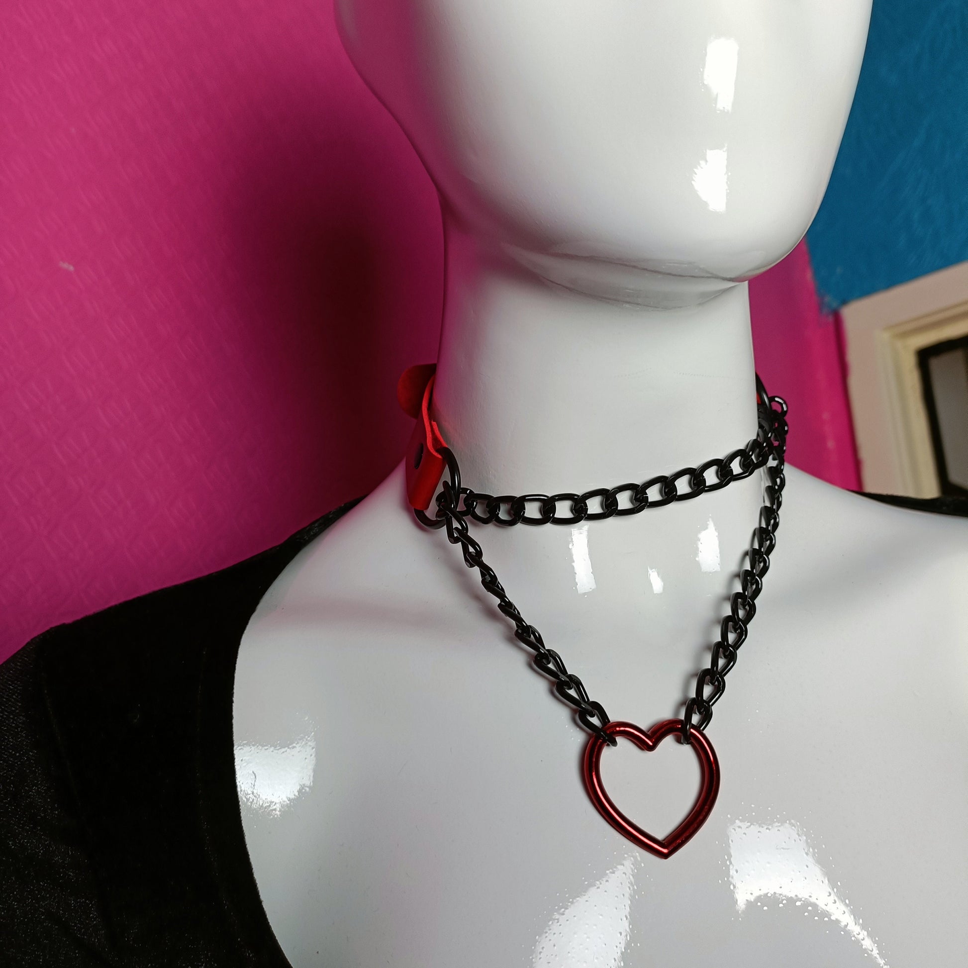Heart Chain Choker - Choke Chain Version! Martingale Collar - Red Pearlescent Heart