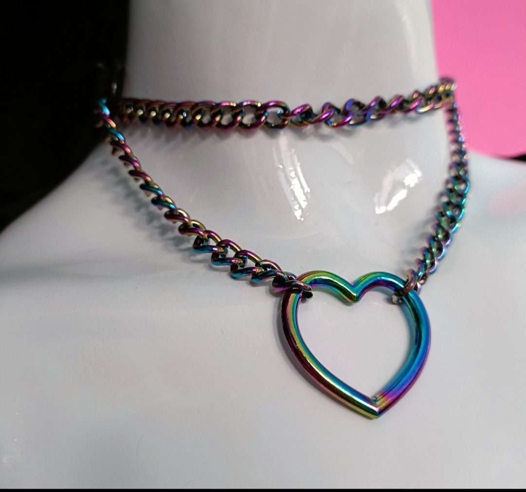 Heart Chain Choker - Choke Chain Version! Martingale Collar - iridescent