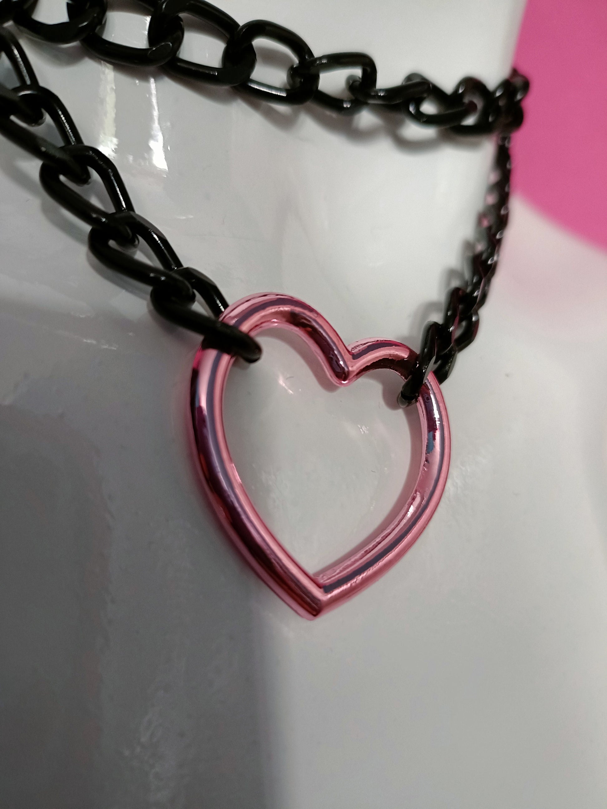 Heart Chain Choker - Choke Chain Version!! Pink Heart, pink Faux Leather