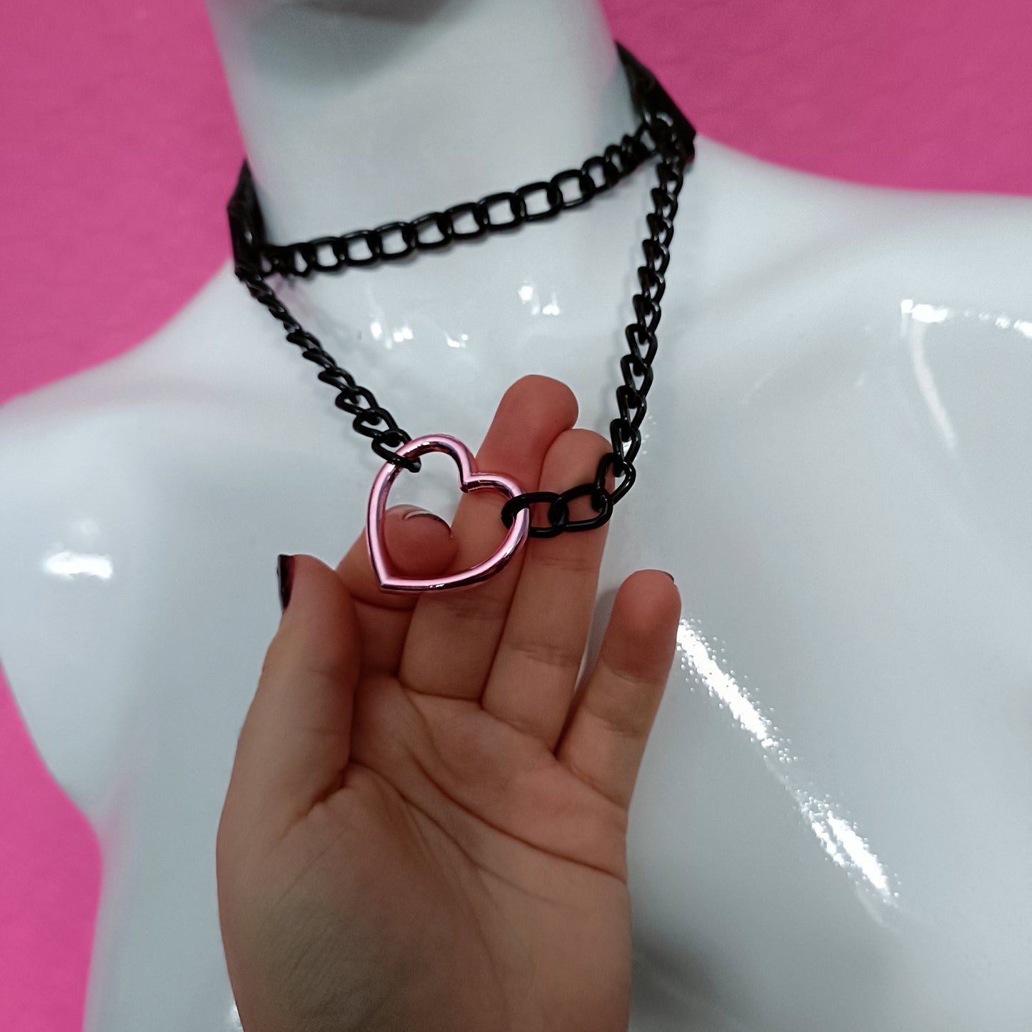 Heart Chain Choker - Choke Chain Version!! Pink Heart, Black Faux Leather
