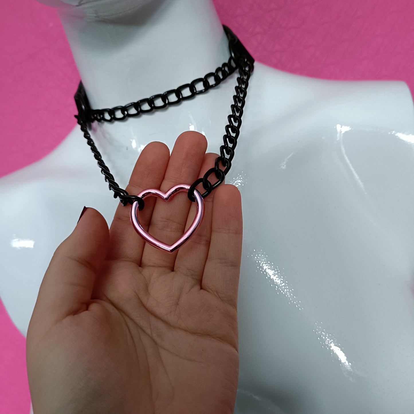 Heart Chain Choker - Choke Chain Version!! Pink Heart, Black Faux Leather