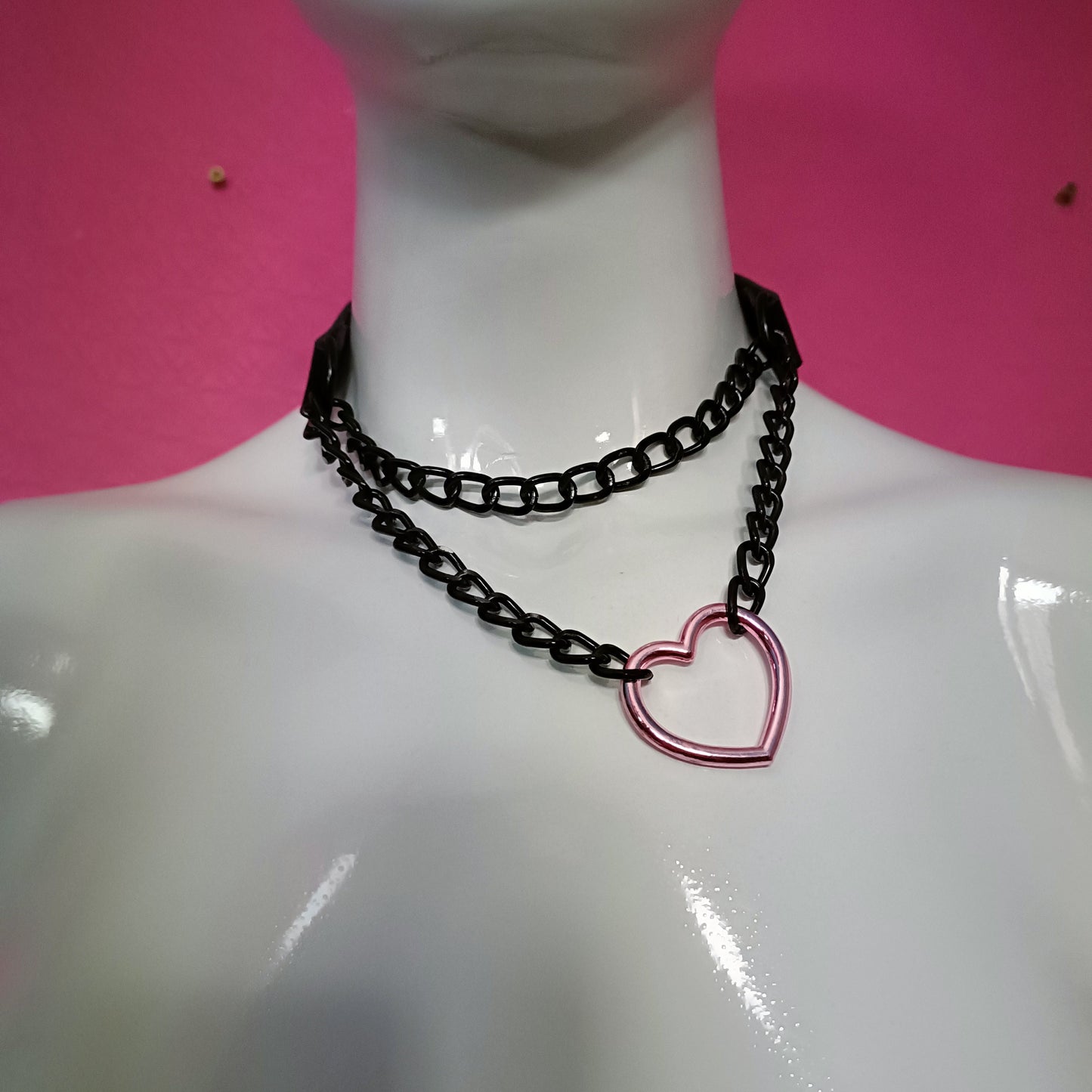 Heart Chain Choker - Choke Chain Version!! Pink Heart, Black Faux Leather