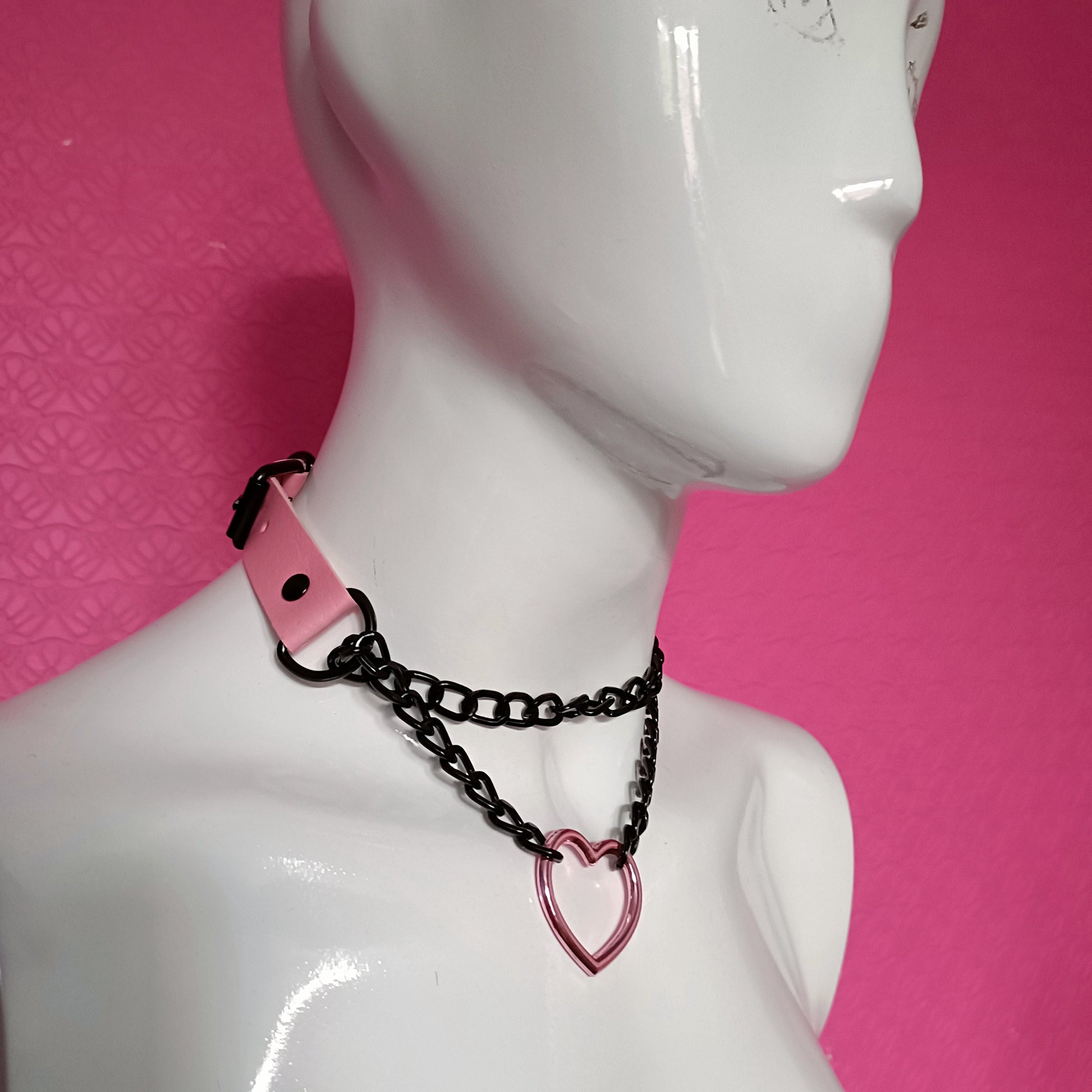 Heart Chain Choker - Choke Chain Version!! Pink Heart, pink Faux Leather