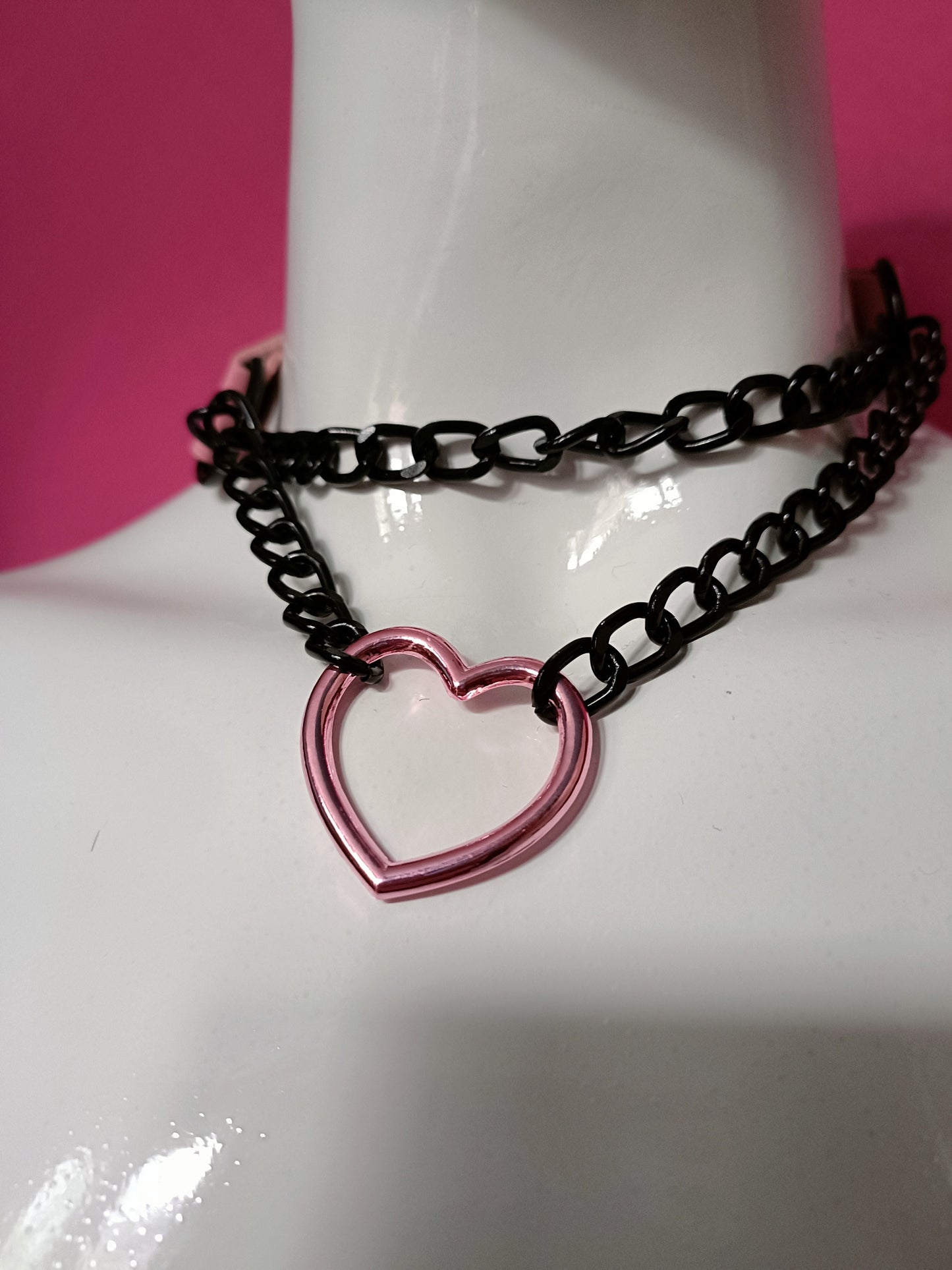 Heart Chain Choker - Choke Chain Version!! Pink Heart, pink Faux Leather