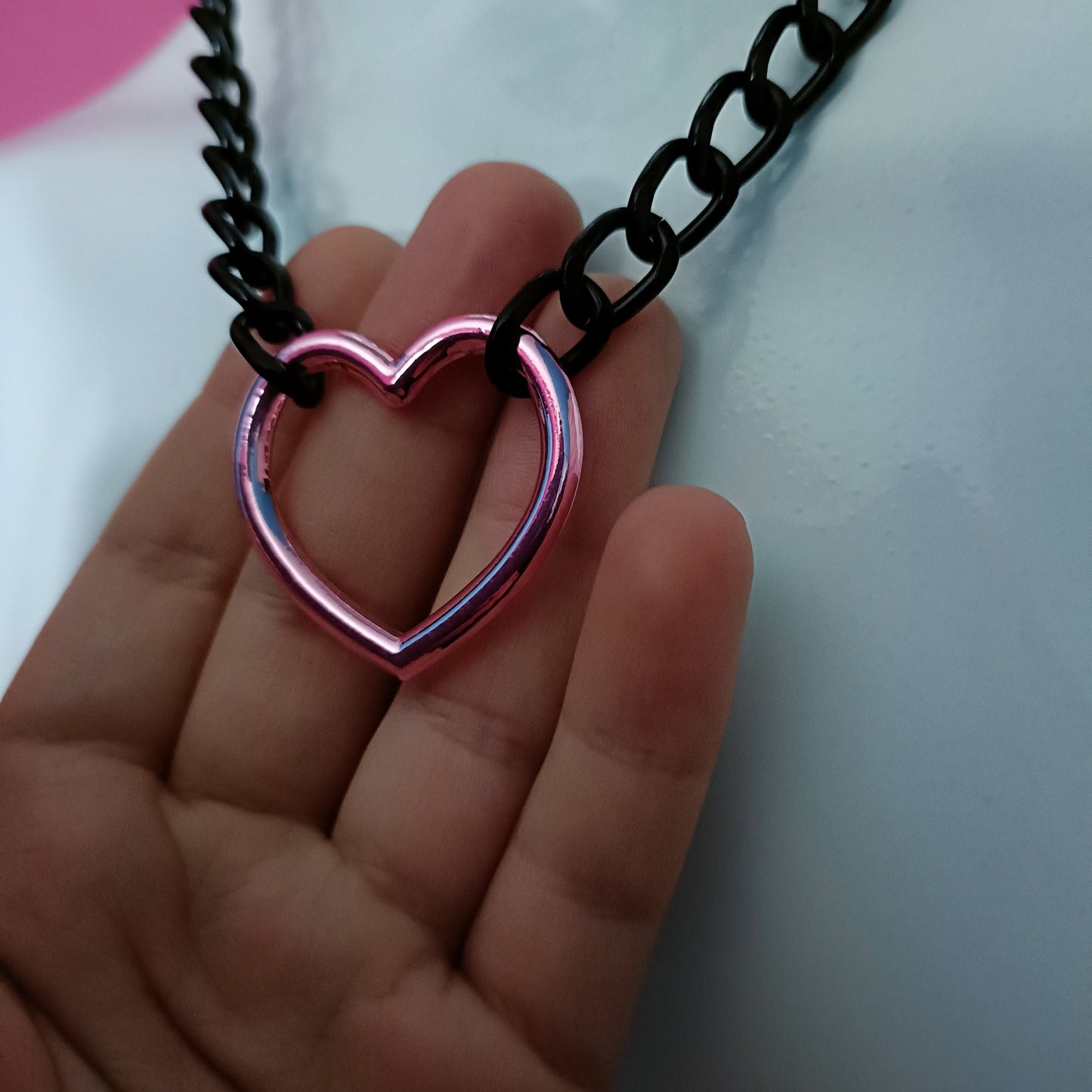 Heart Chain Choker - Choke Chain Version!! Pink Heart, Black Faux Leather