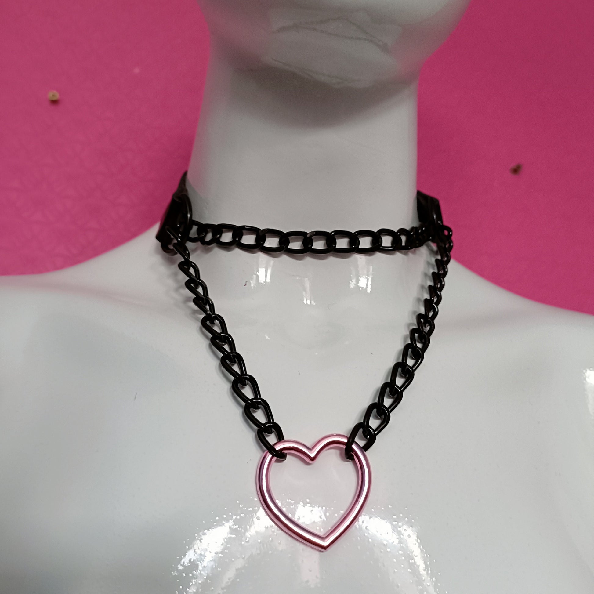 Heart Chain Choker - Choke Chain Version!! Pink Heart, Black Faux Leather