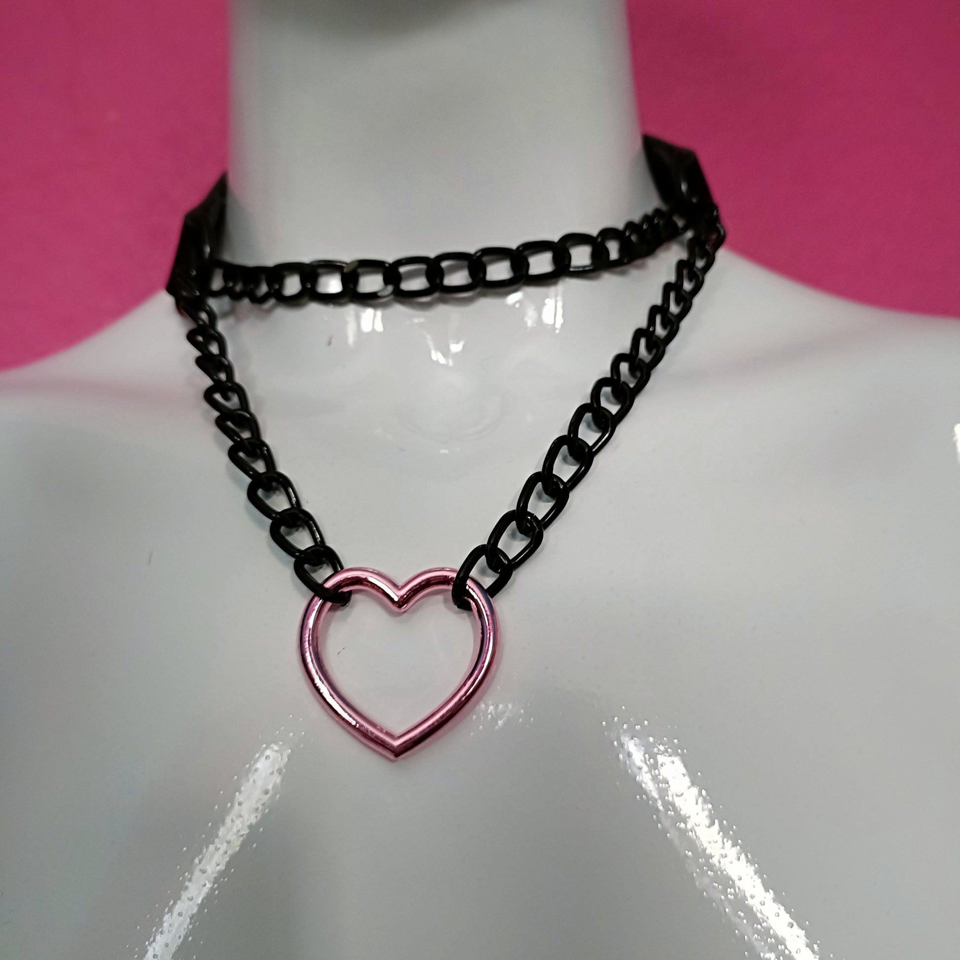 Heart Chain Choker - Choke Chain Version!! Pink Heart, Black Faux Leather