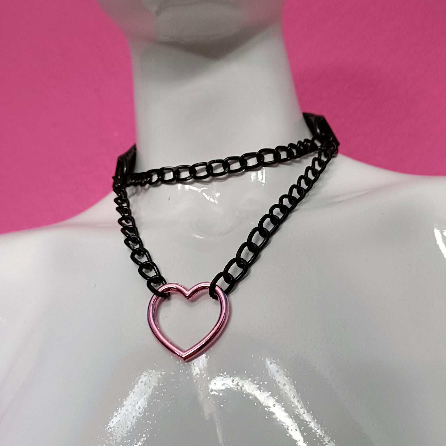 Heart Chain Choker - Choke Chain Version!! Pink Heart, Black Faux Leather