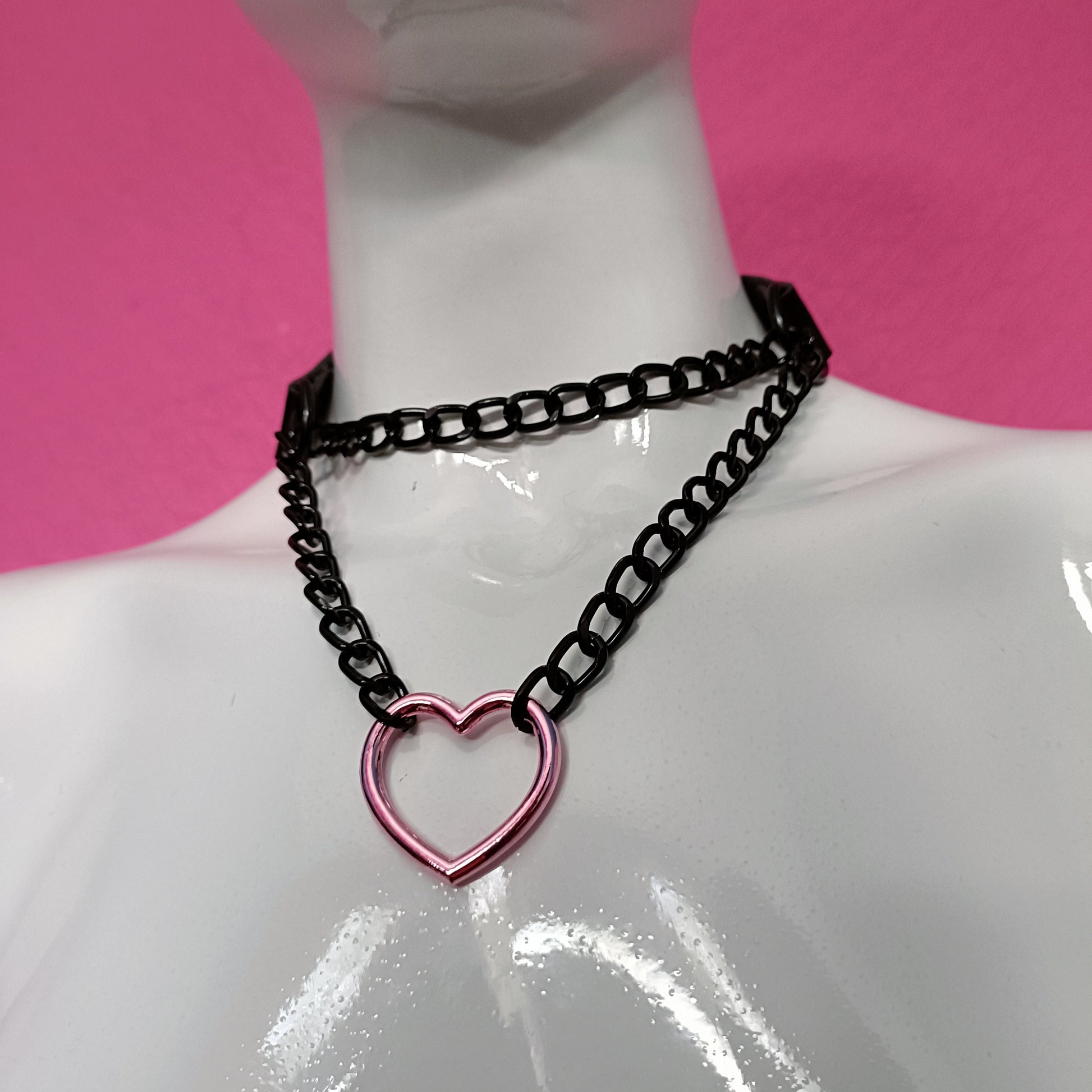 Heart Chain Choker - Choke Chain Version!! Pink Heart, Black Faux Leather