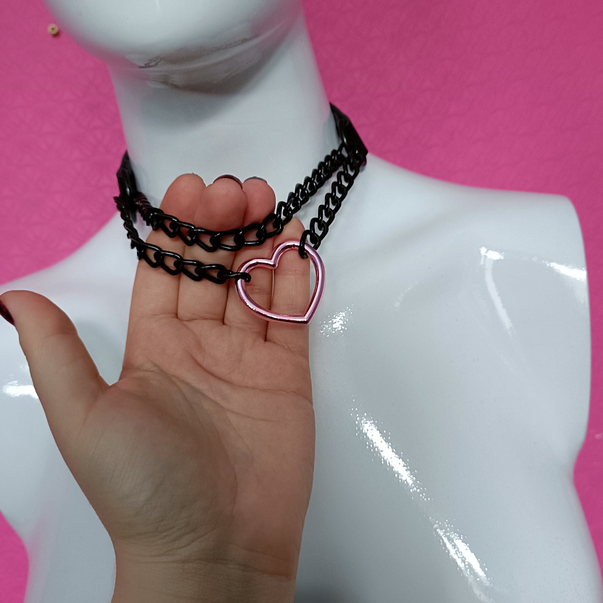 Heart Chain Choker - Choke Chain Version!! Pink Heart, Black Faux Leather