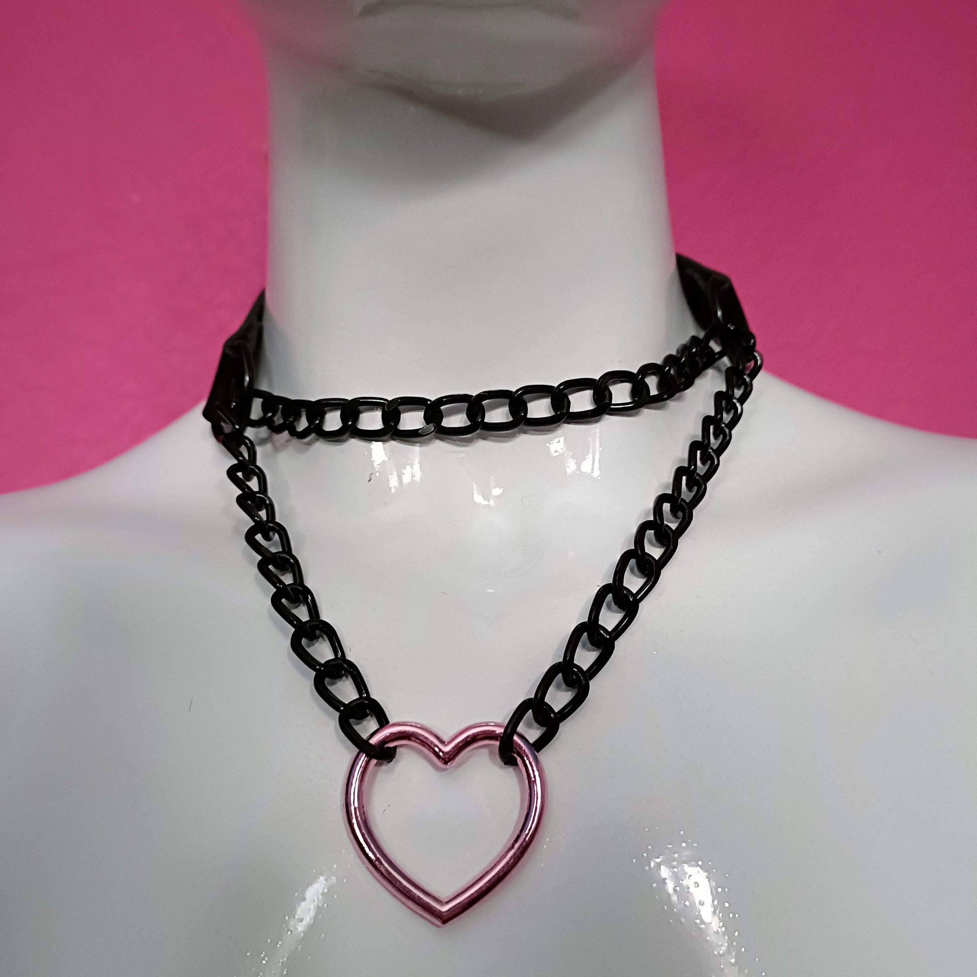 Heart Chain Choker - Choke Chain Version!! Pink Heart, Black Faux Leather