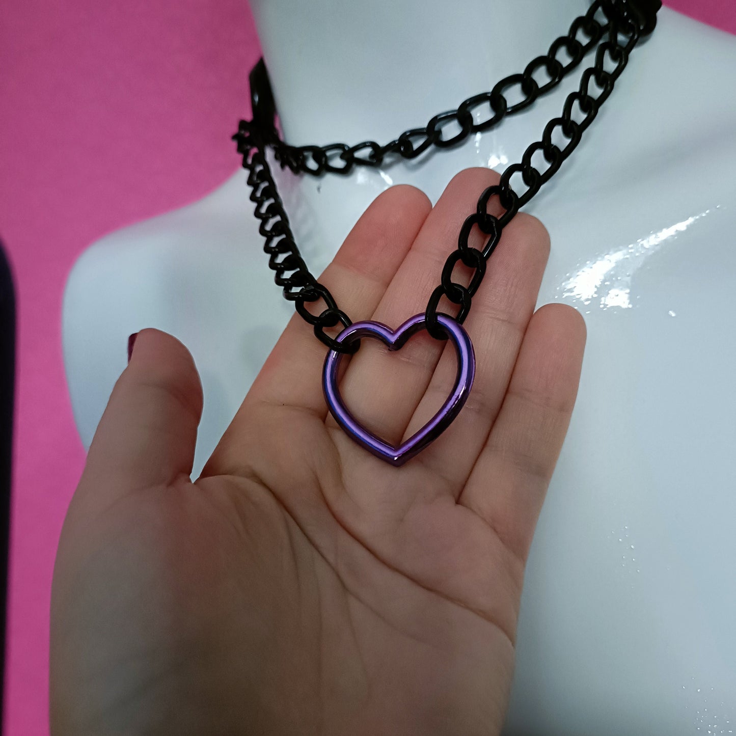 Heart Chain Choker - Choke Chain Version!! Purple Heart, Black Faux Leather