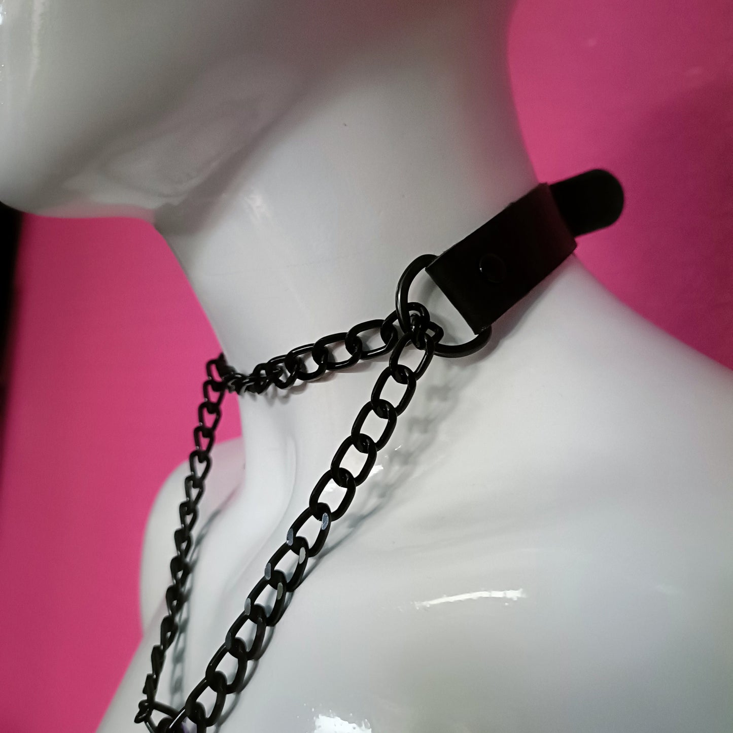 Heart Chain Choker - Choke Chain Version!! Purple Heart, Black Faux Leather