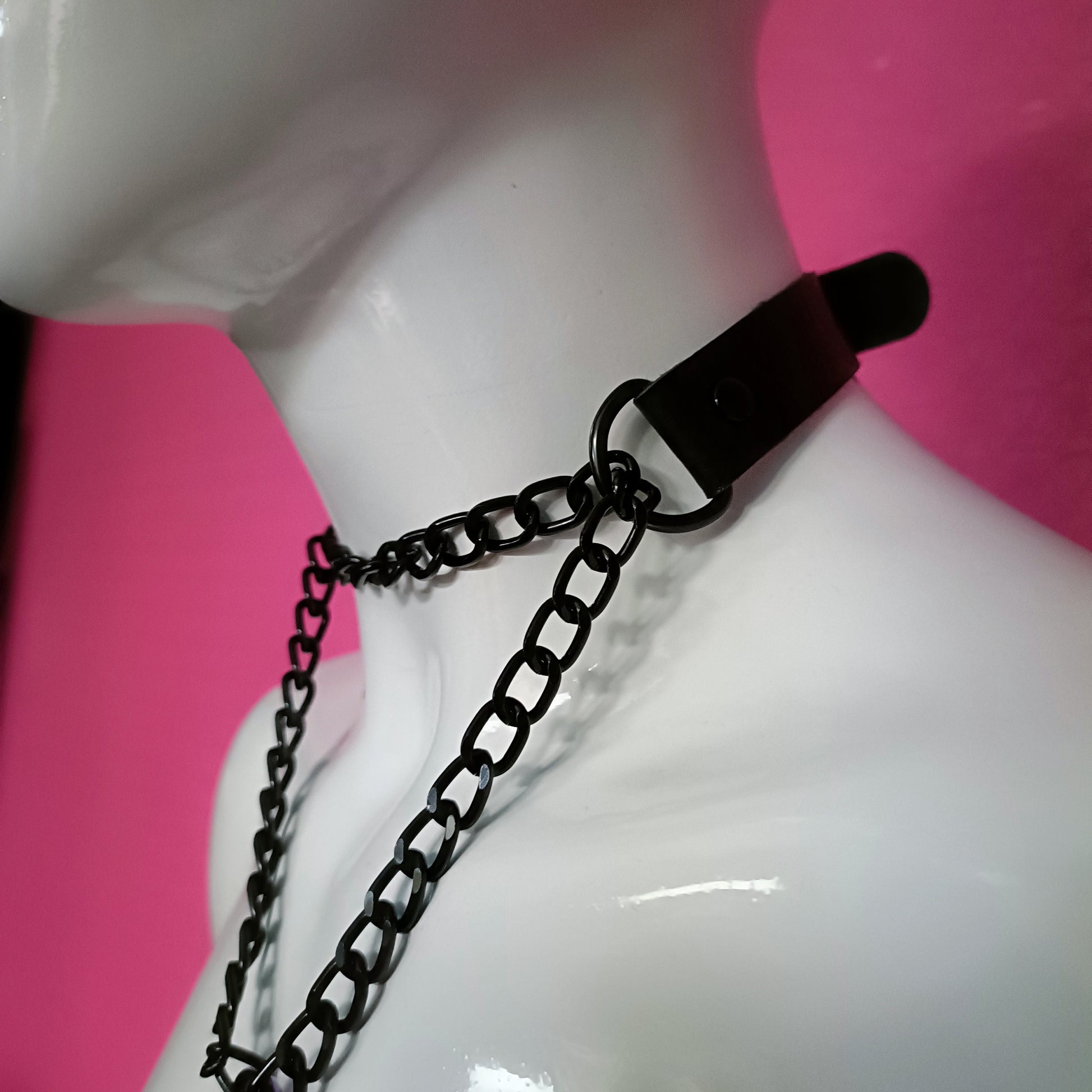 Heart Chain Choker - Choke Chain Version!! Purple Heart, Black Faux Leather