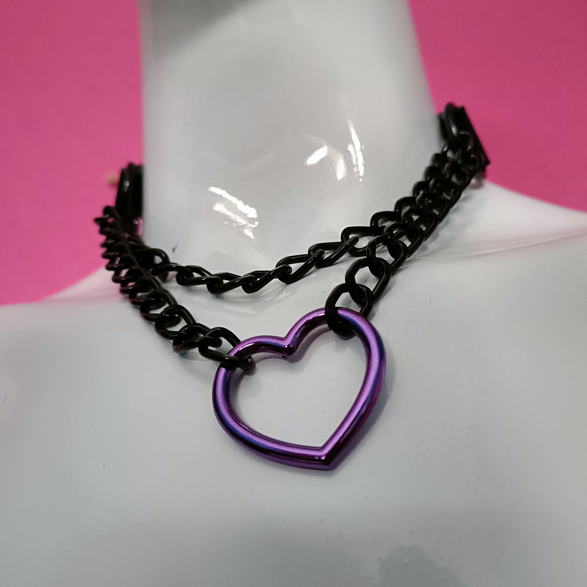 Heart Chain Choker- Choke Chain Version!! Purple Heart, Black Faux Leather