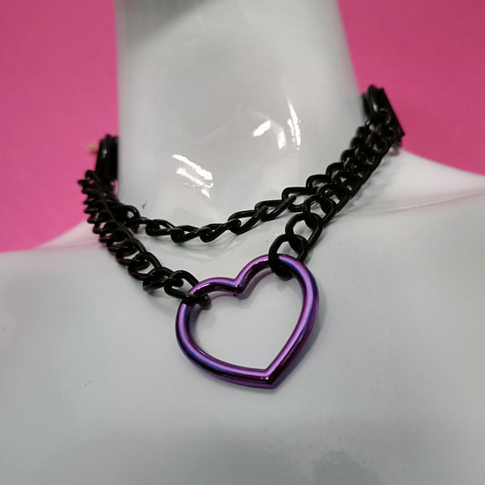 Heart Chain Choker- Choke Chain Version!! Purple Heart, Black Faux Leather