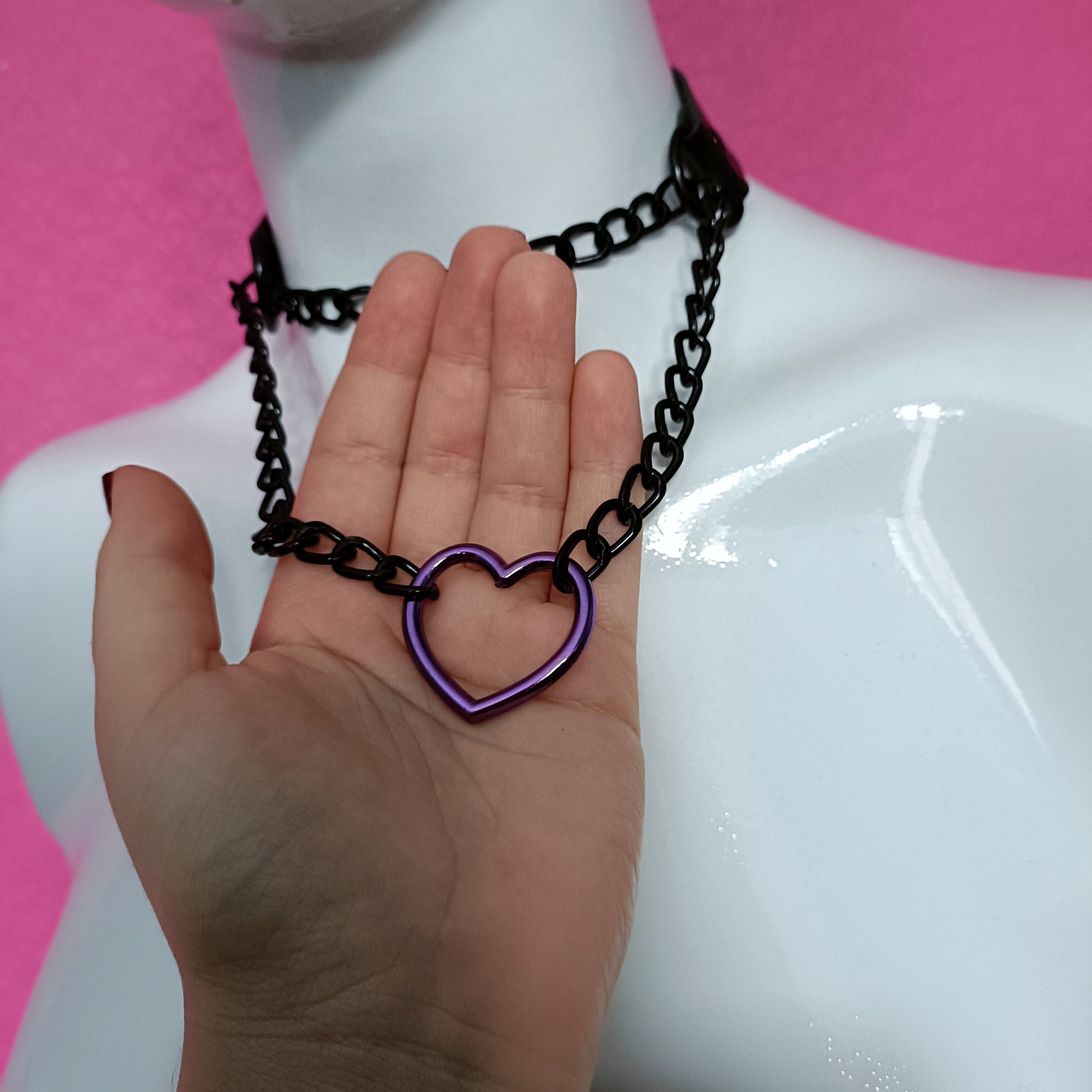 Heart Chain Choker - Choke Chain Version!! Purple Heart, Black Faux Leather